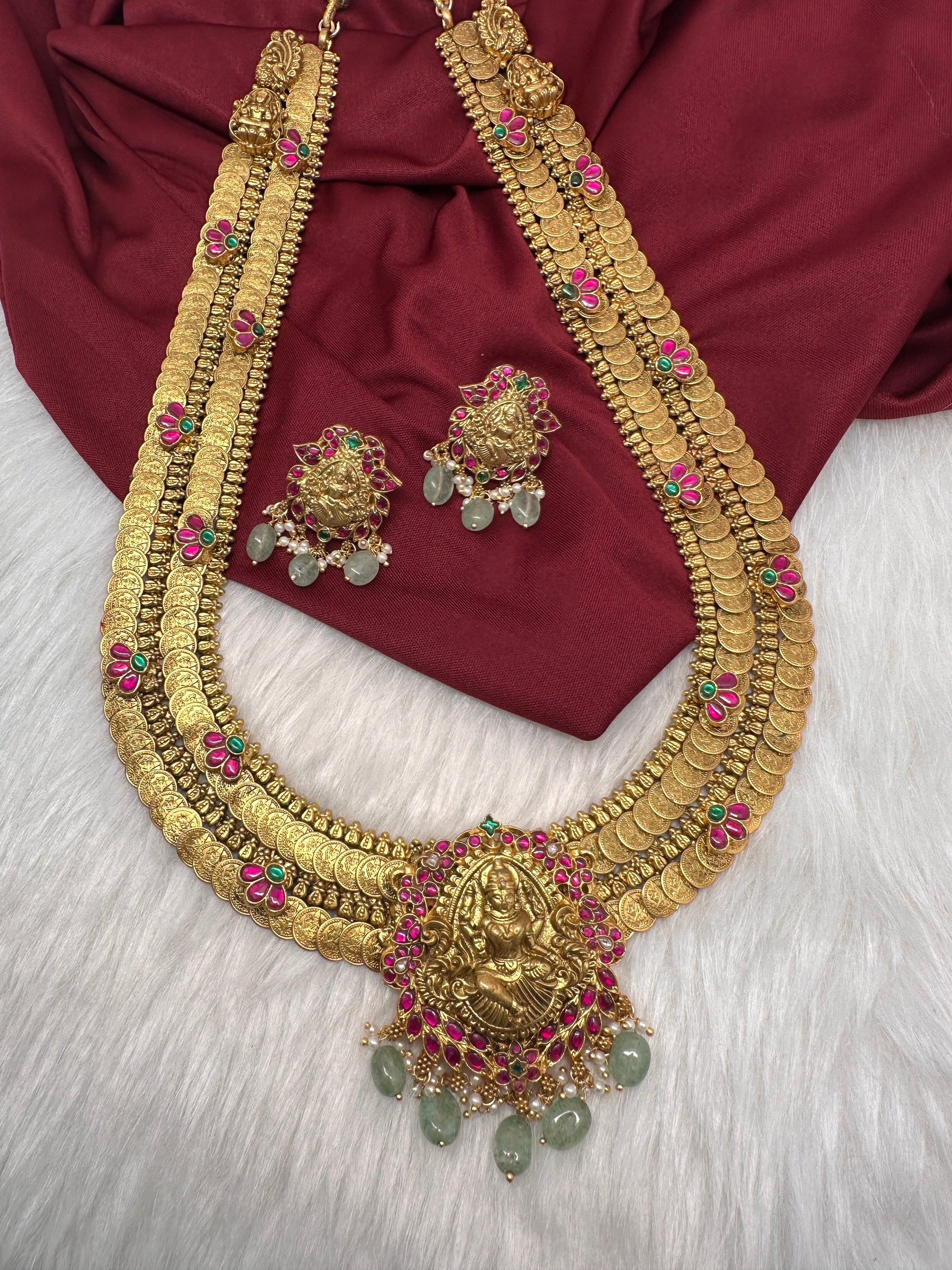 Jadau Kundan Goddess Lakshmi  Kassu Coins Long Necklace