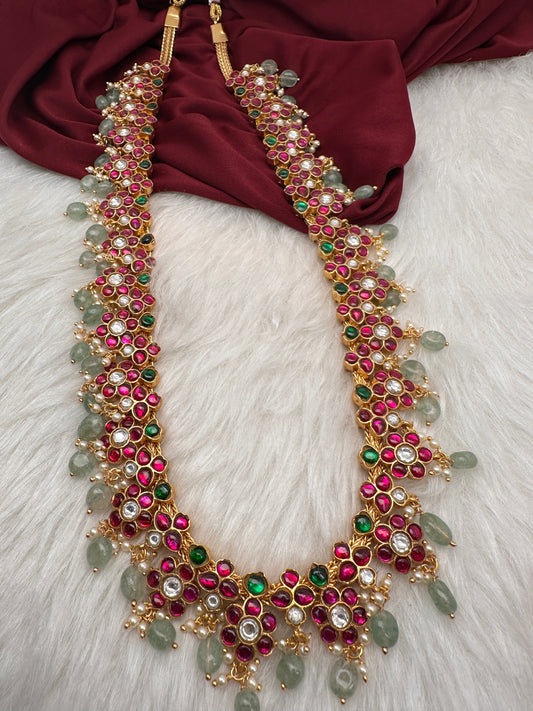 Jadau Kundan Floral Long Necklace with Emerald Beads