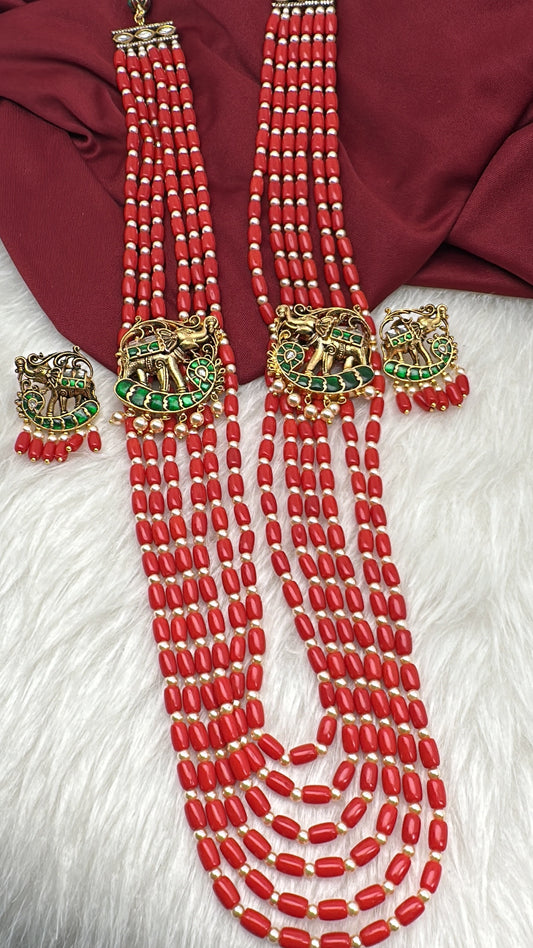 Jadau Kundan Elephant Pattern Long Coral Beads Necklace