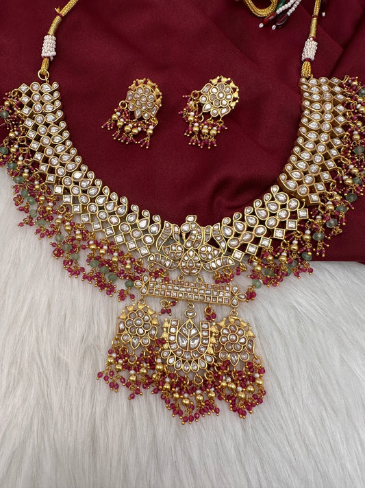 White Jadau Kundan Red Green Beads Neckline Necklace