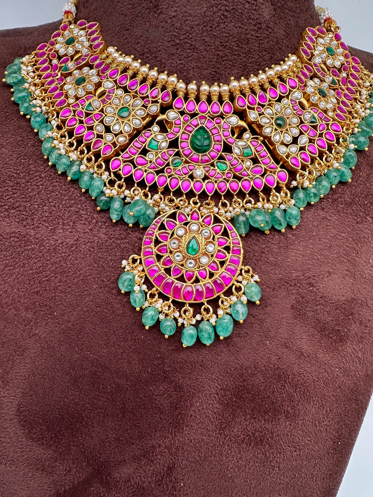 Jadau Kundan Neckline Necklace with Emerald Beads