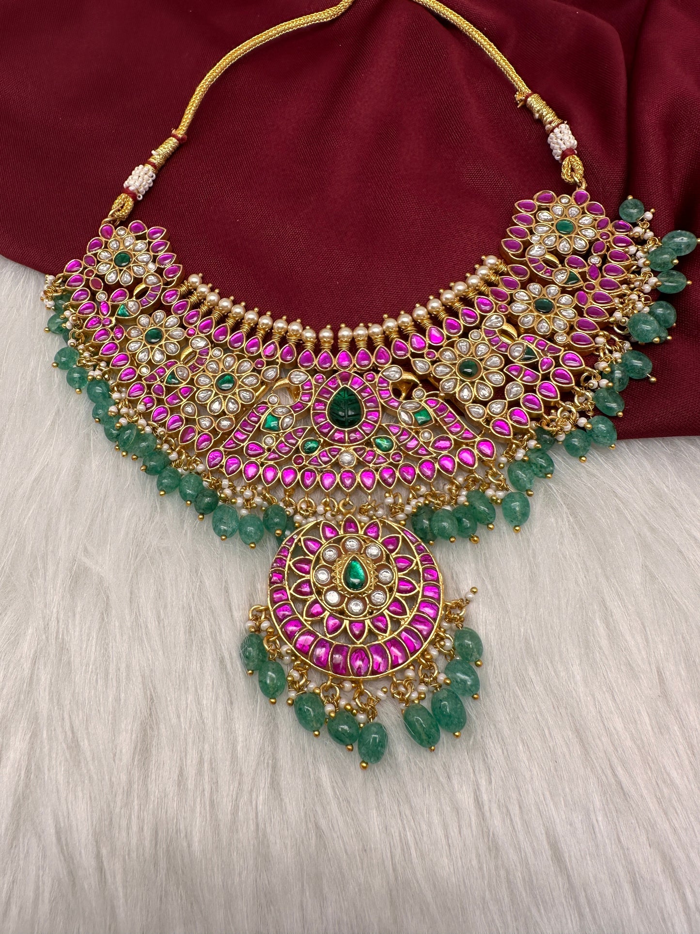 Jadau Kundan Neckline Necklace with Emerald Beads