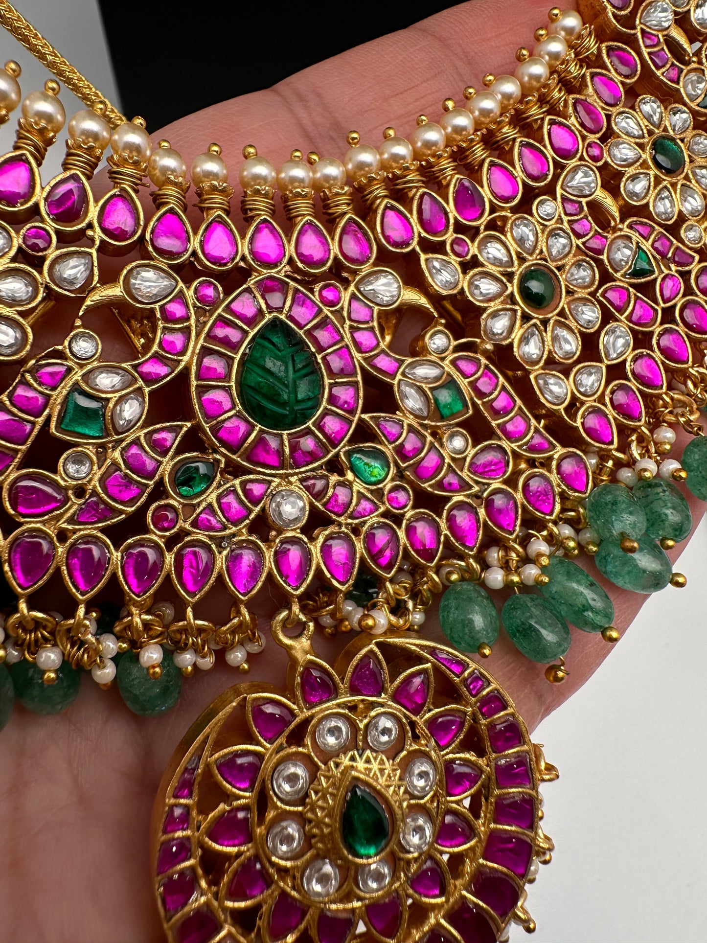 Jadau Kundan Neckline Necklace with Emerald Beads