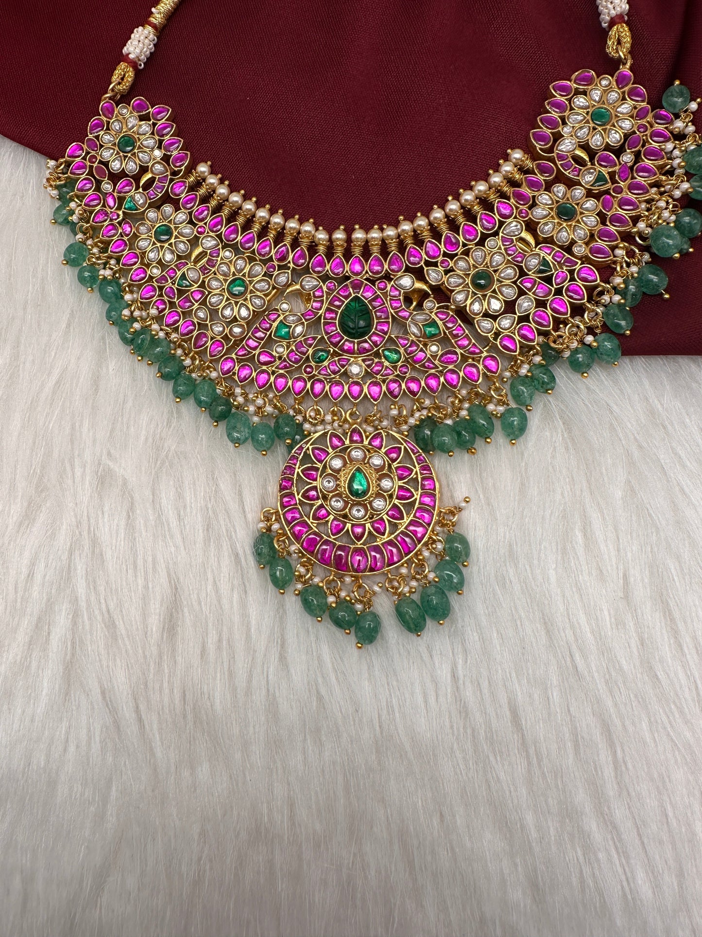 Jadau Kundan Neckline Necklace with Emerald Beads