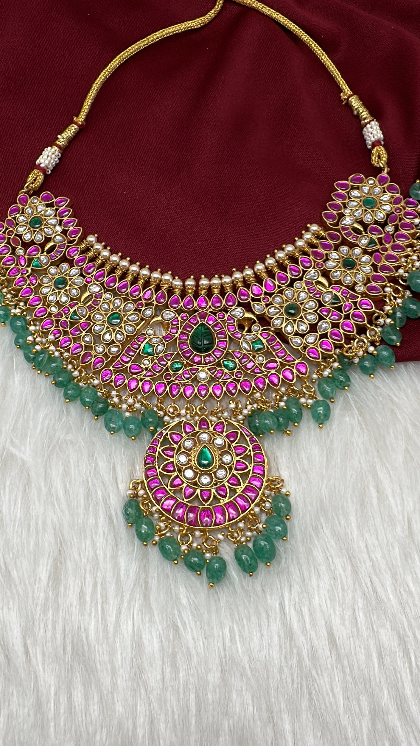 Jadau Kundan Neckline Necklace with Emerald Beads