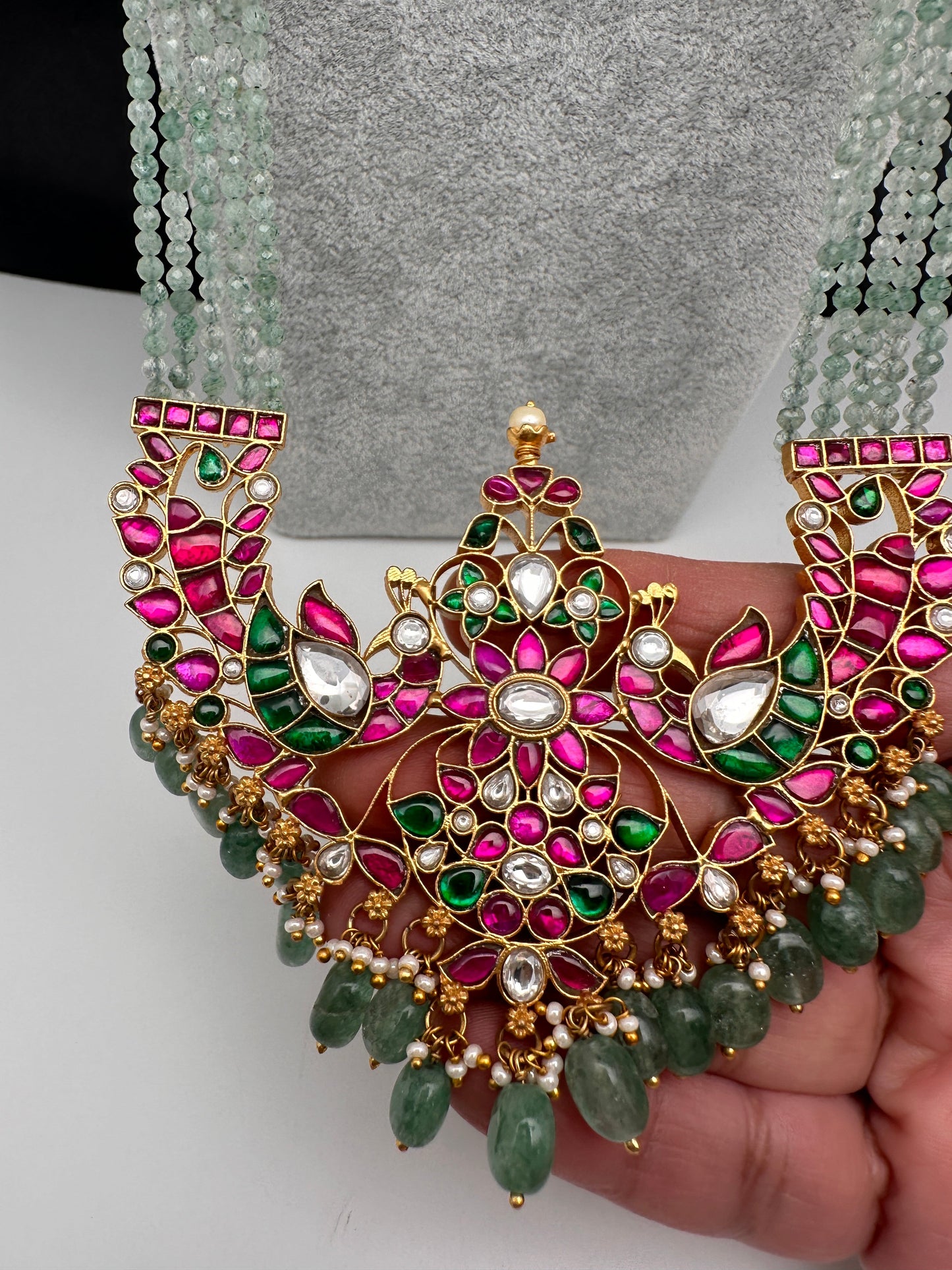 Jadau Kundan Emerald Beads Long Necklace