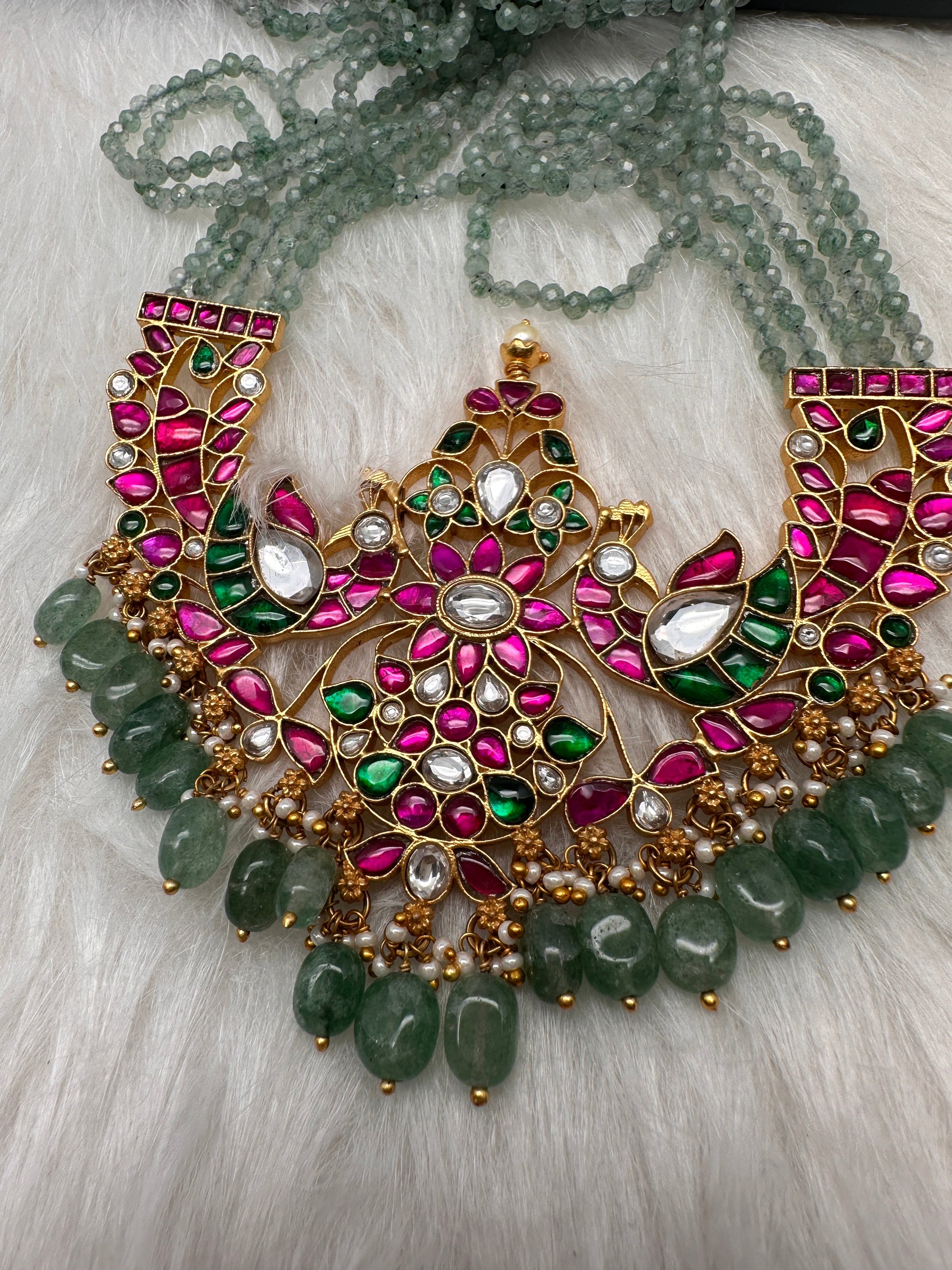 Jadau Kundan Emerald Beads Long Necklace