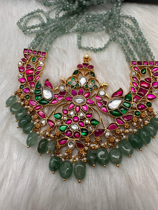 Jadau Kundan Emerald Beads Long Necklace