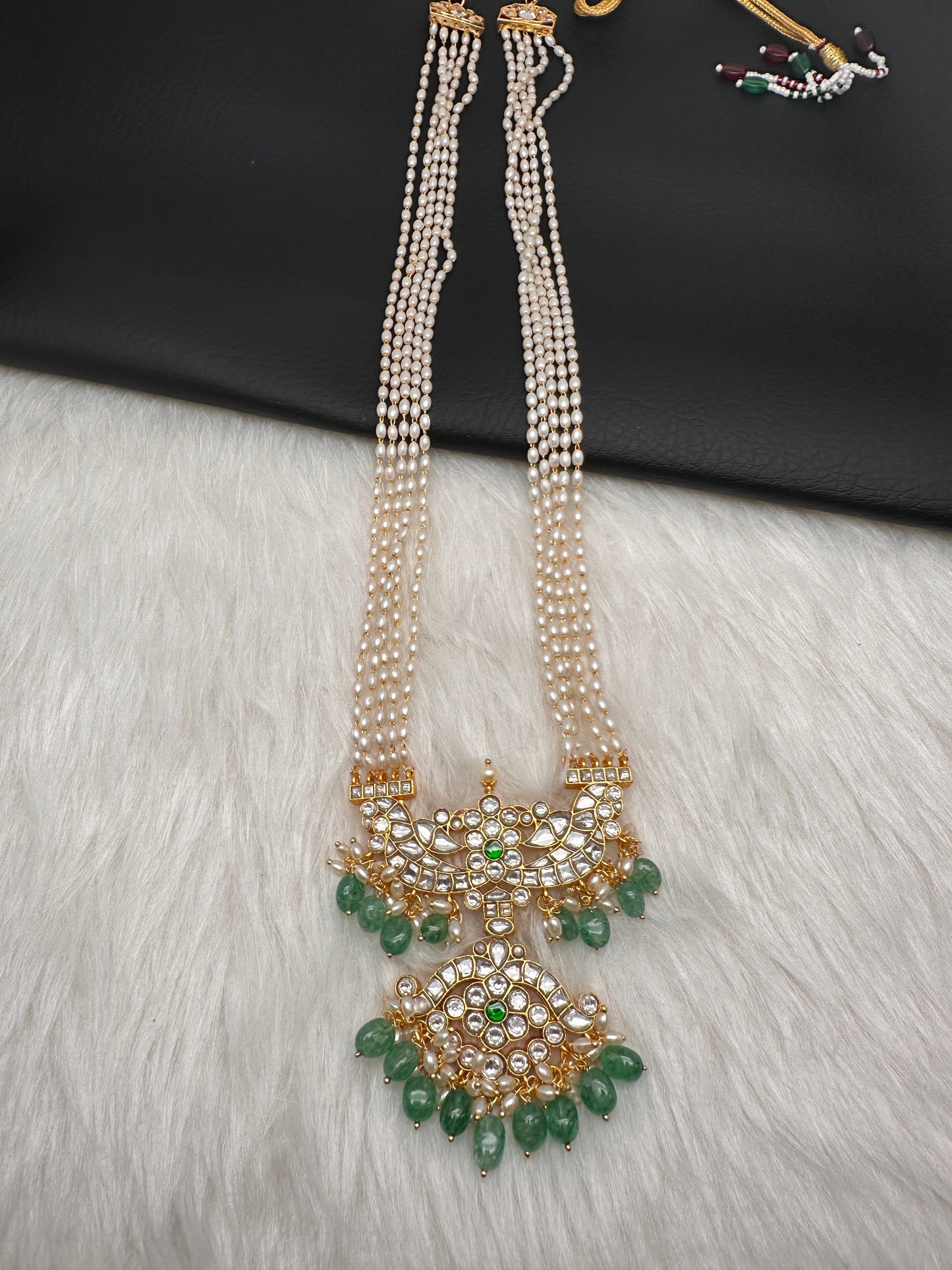 Clear Jadau Kundan Rice Pearls Emerald Beads Long Necklace