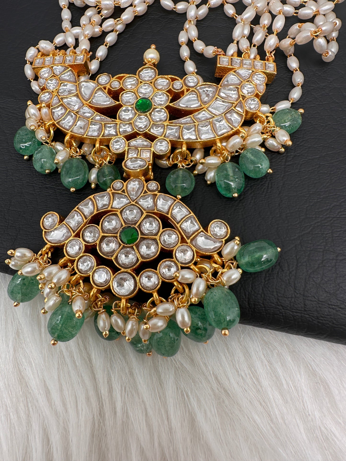 Clear Jadau Kundan Rice Pearls Emerald Beads Long Necklace