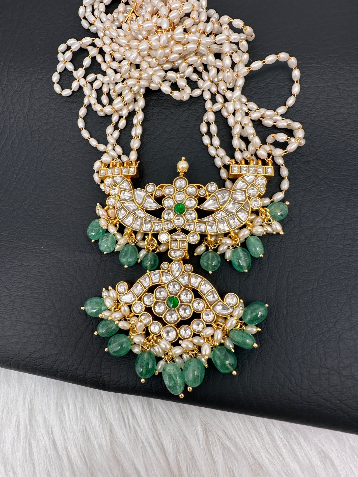 Clear Jadau Kundan Rice Pearls Emerald Beads Long Necklace