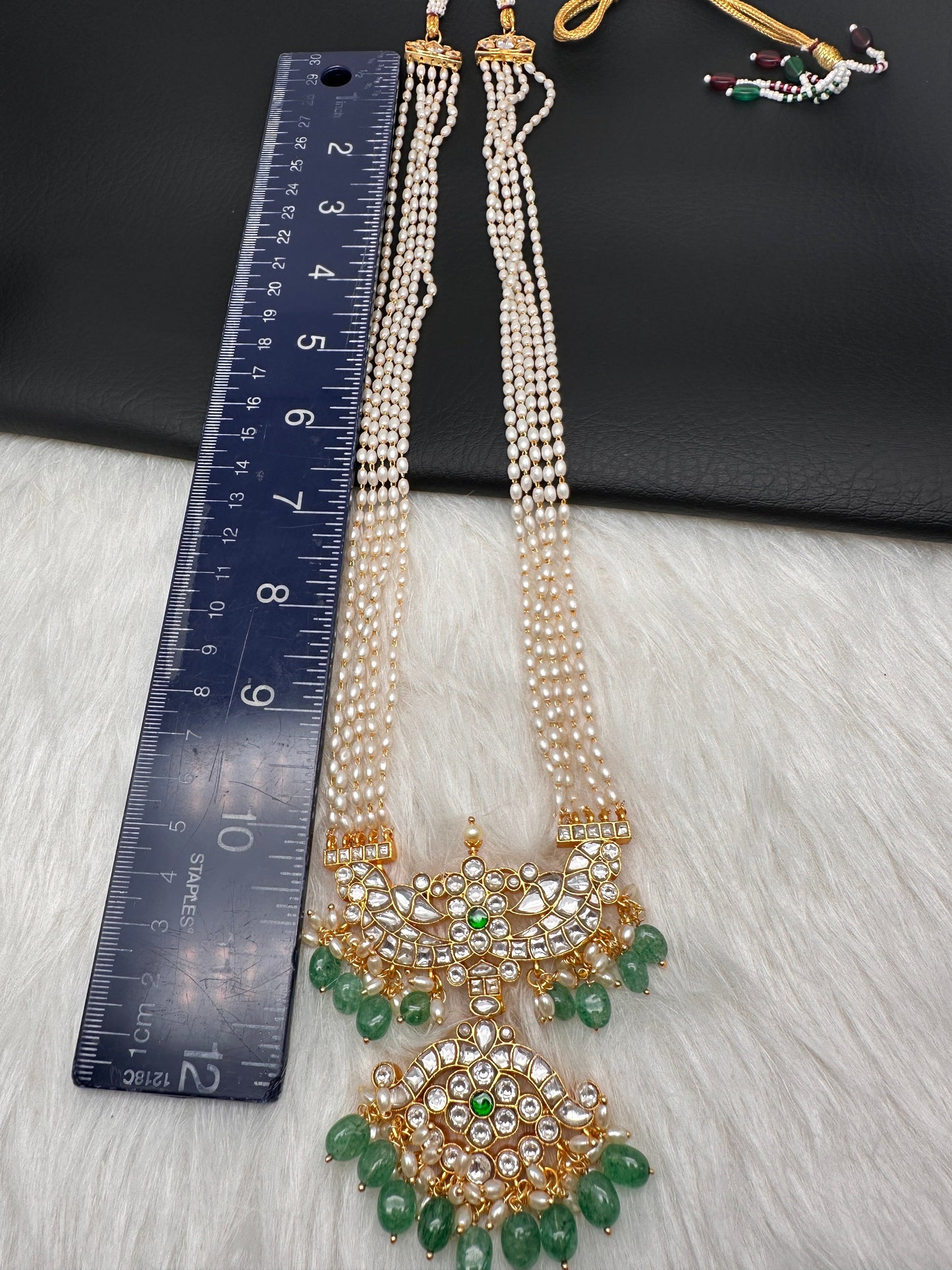 Clear Jadau Kundan Rice Pearls Emerald Beads Long Necklace