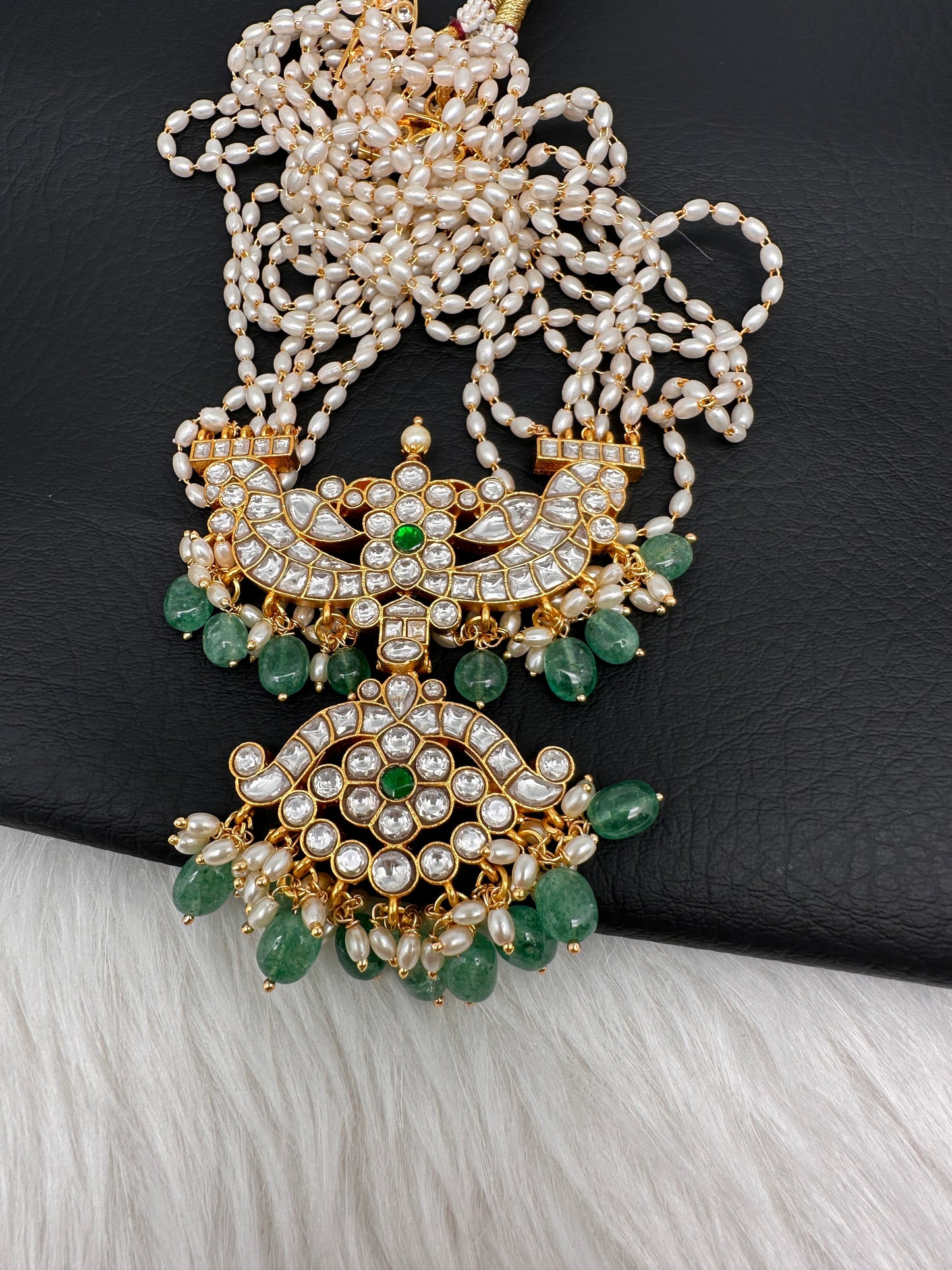 Clear Jadau Kundan Rice Pearls Emerald Beads Long Necklace