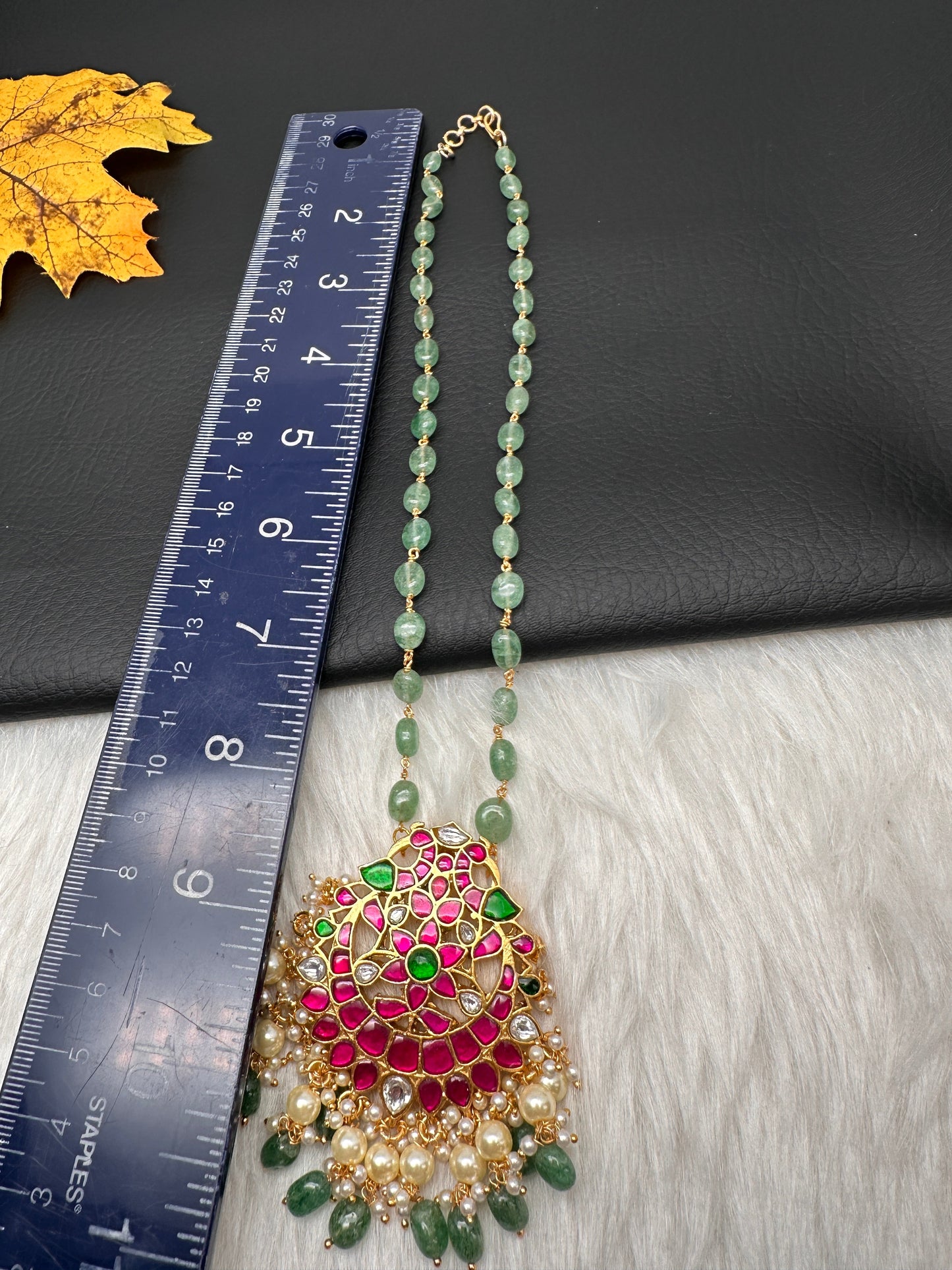 Jadau Kundan Pendent with Emerald Beads Mala Necklace