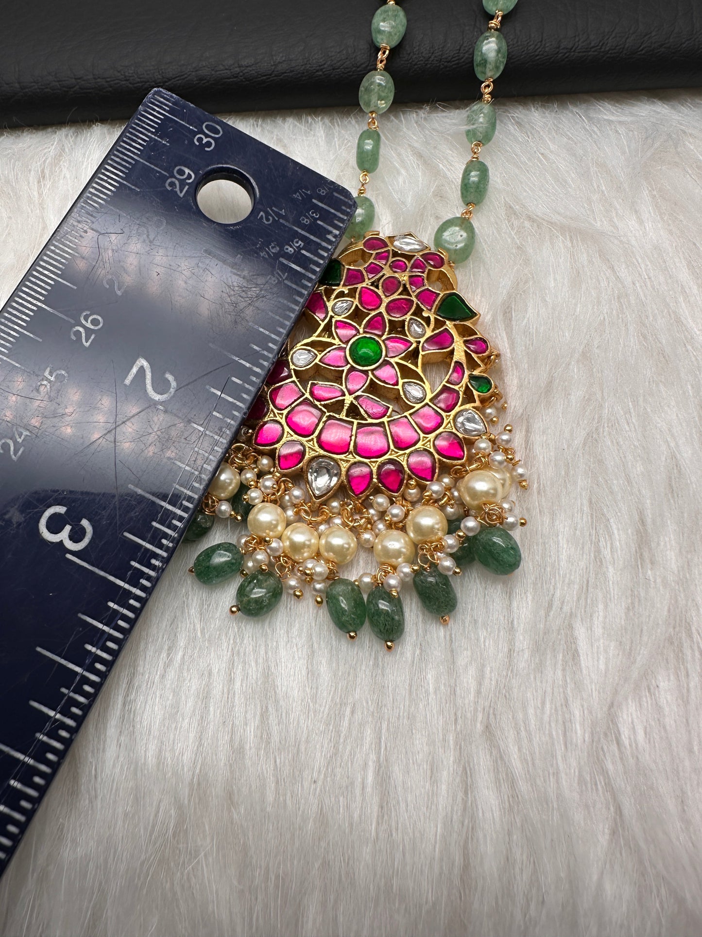 Jadau Kundan Pendent with Emerald Beads Mala Necklace