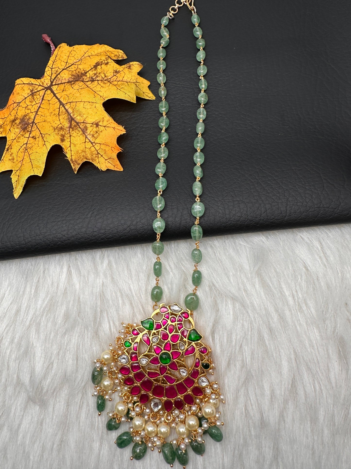 Jadau Kundan Pendent with Emerald Beads Mala Necklace