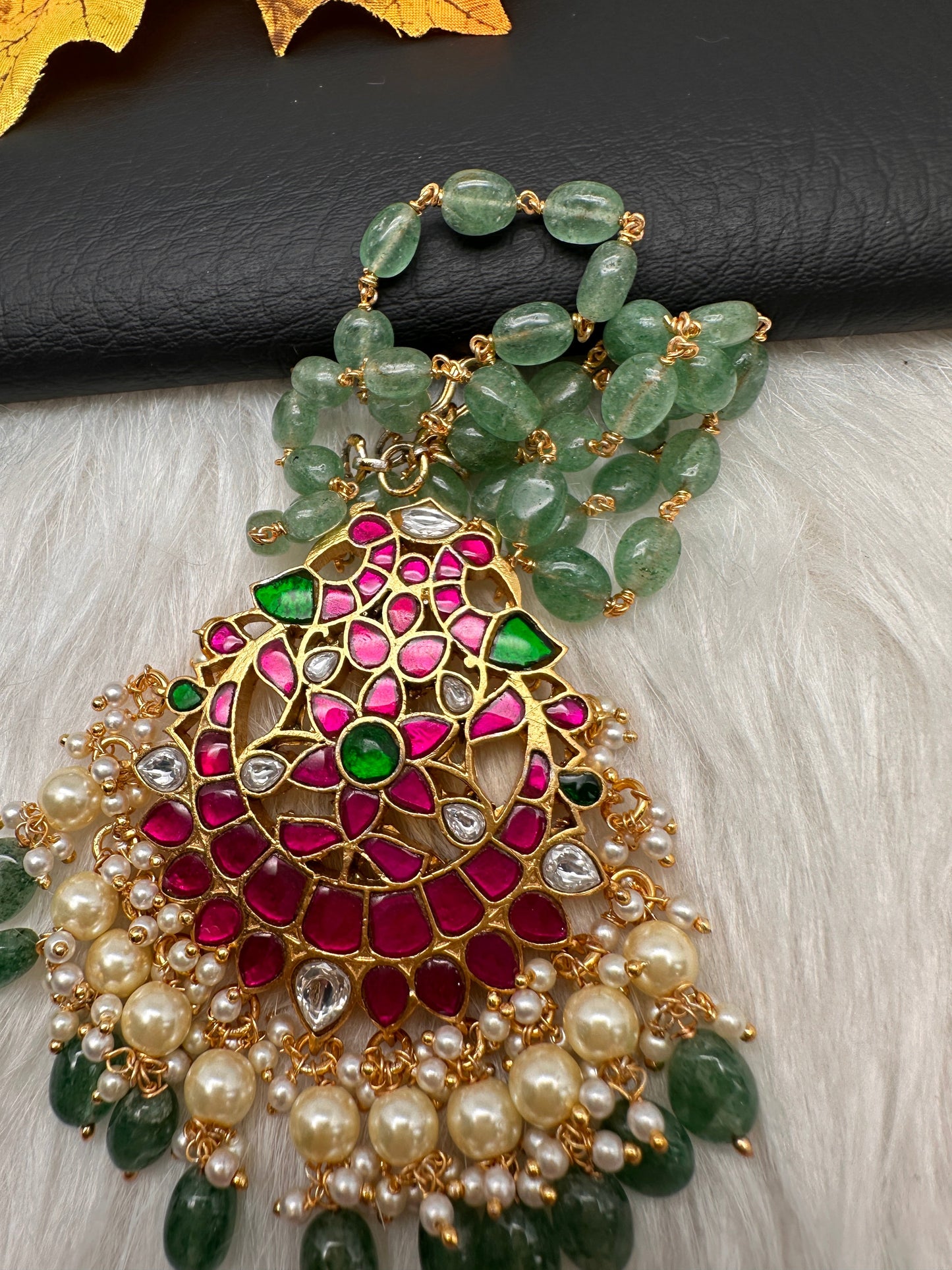 Jadau Kundan Pendent with Emerald Beads Mala Necklace