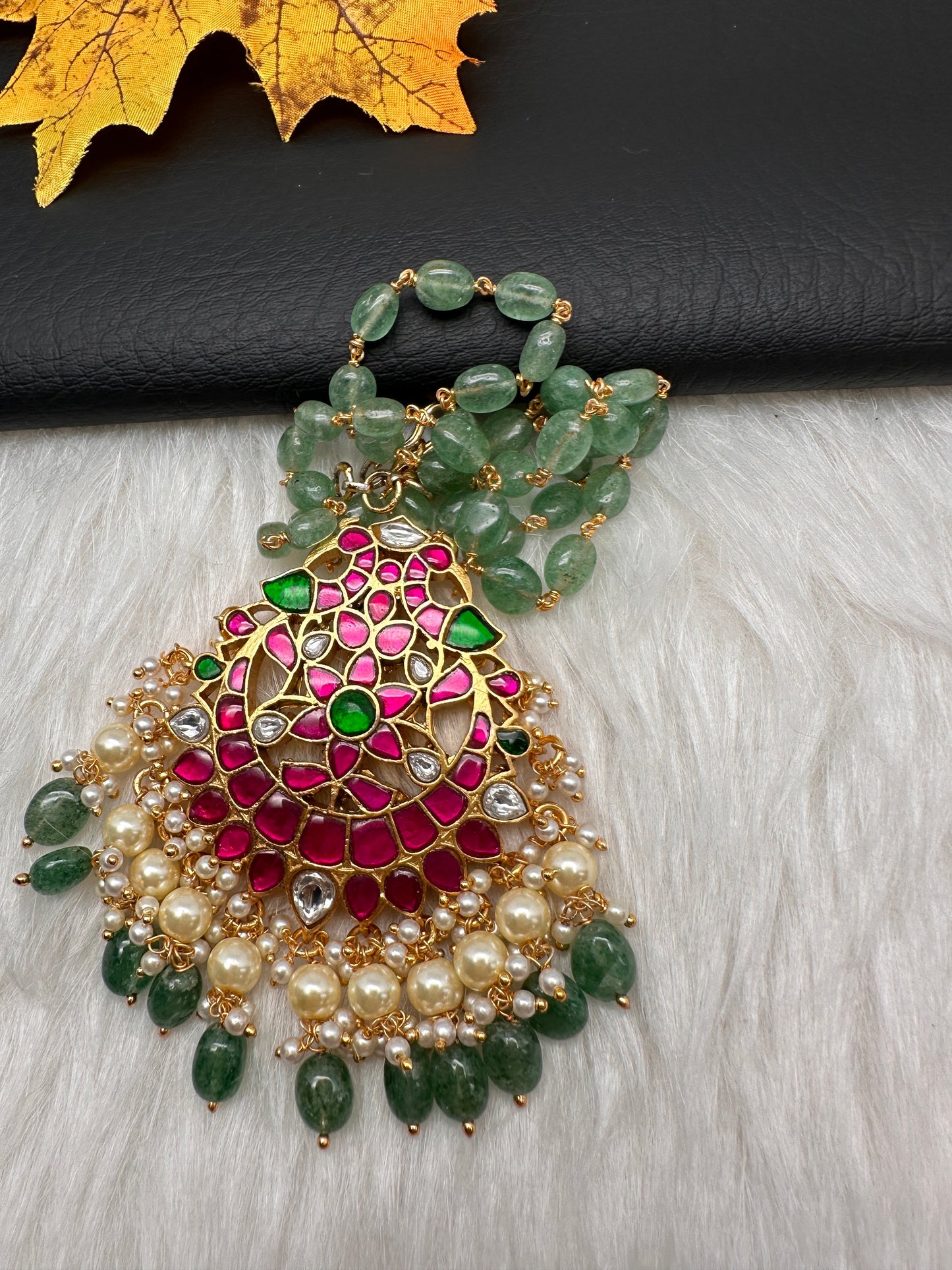 Jadau Kundan Pendent with Emerald Beads Mala Necklace