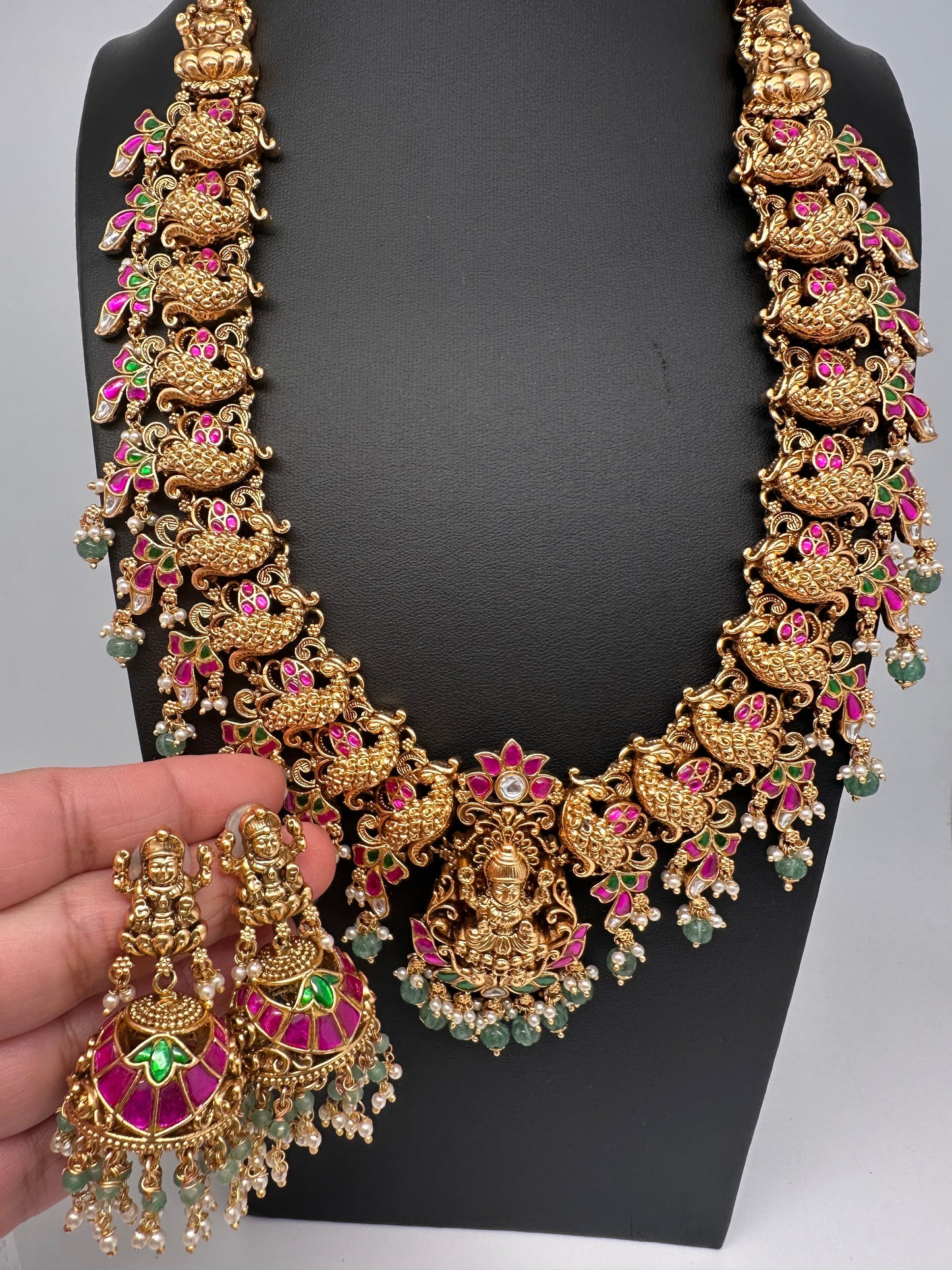 Jadau Kundan Peacock Haar Long Necklace with Jhumkis