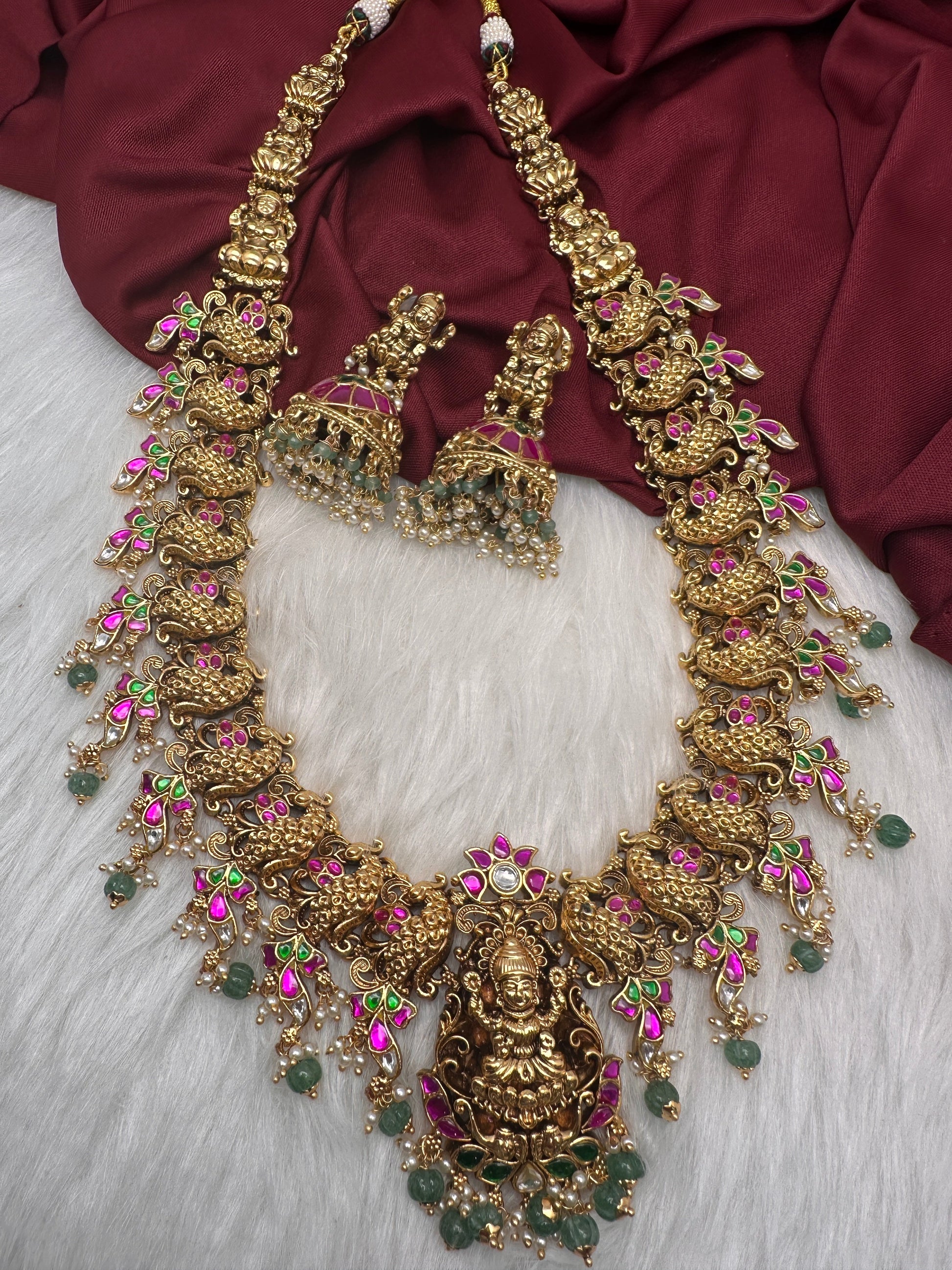 Jadau Kundan Peacock Haar Long Necklace with Jhumkis