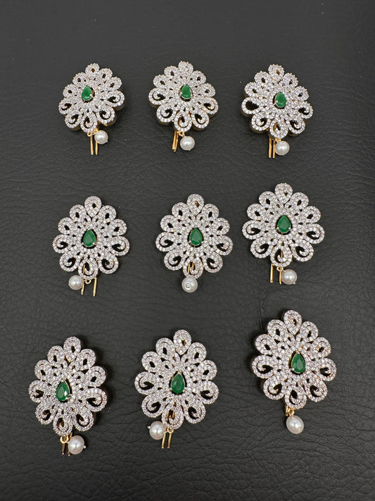 Diamond Finish CZ Emerald Stone Jada Billa Hair Pin Set