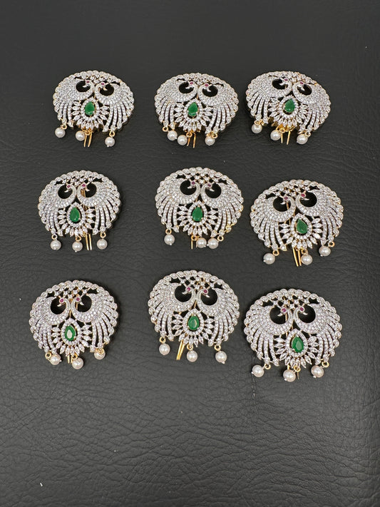 Peacock Diamond Finish CZ Emerald Green Stone Jada Billa Hair Pin Set