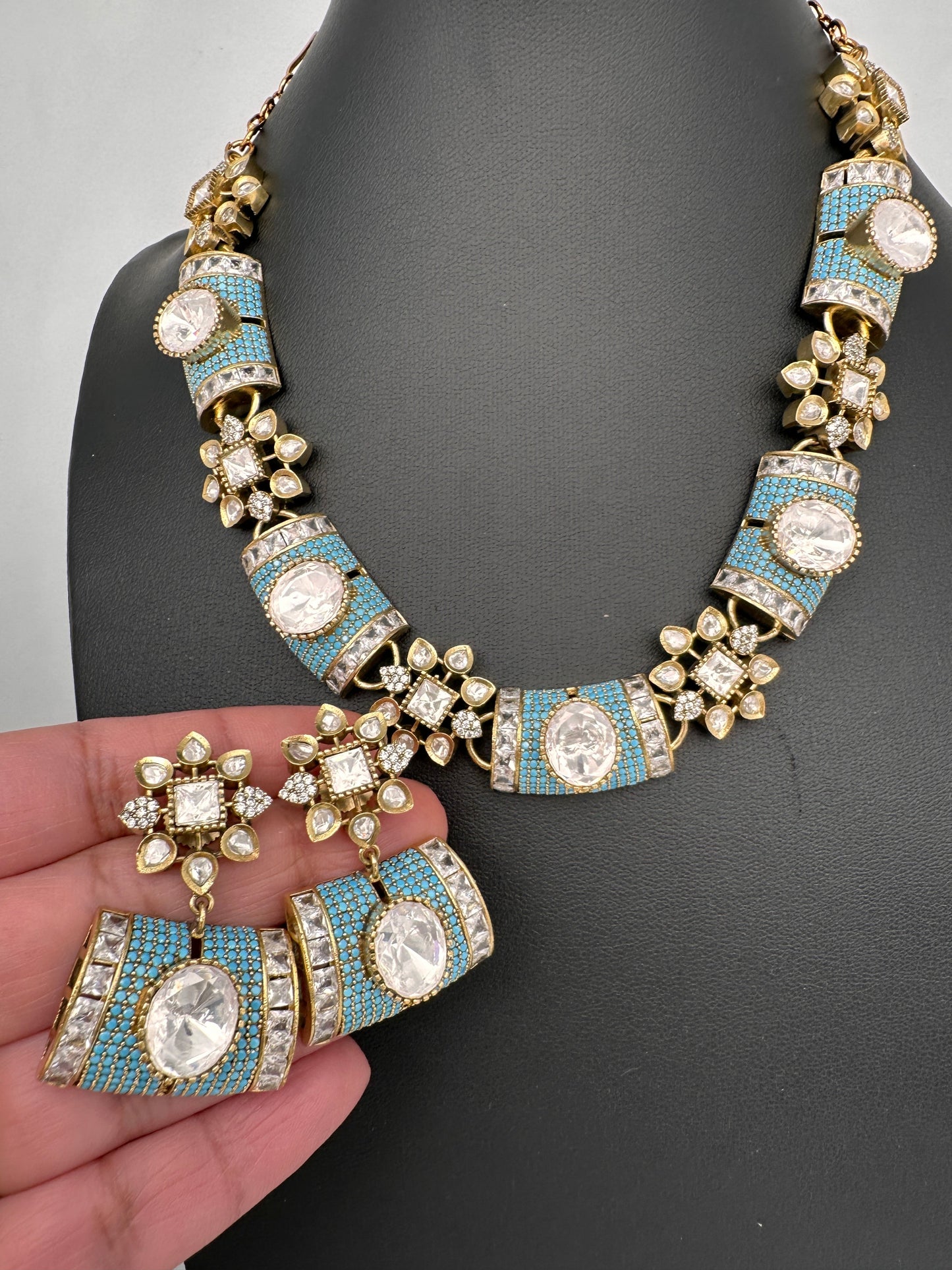 Moissanite Kundan Color Stone Necklace - Turquoise