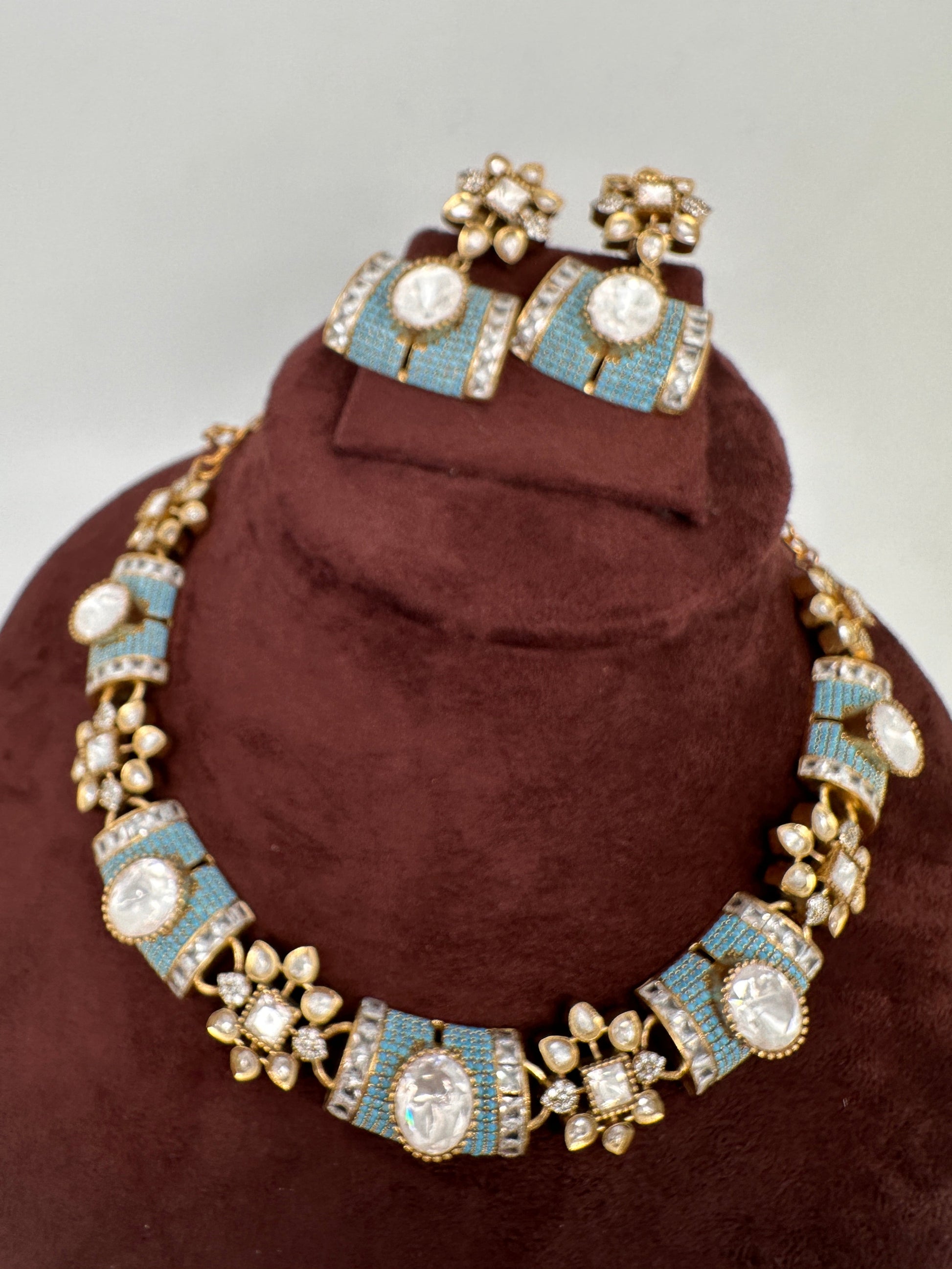 Moissanite Kundan Color Stone Necklace - Turquoise