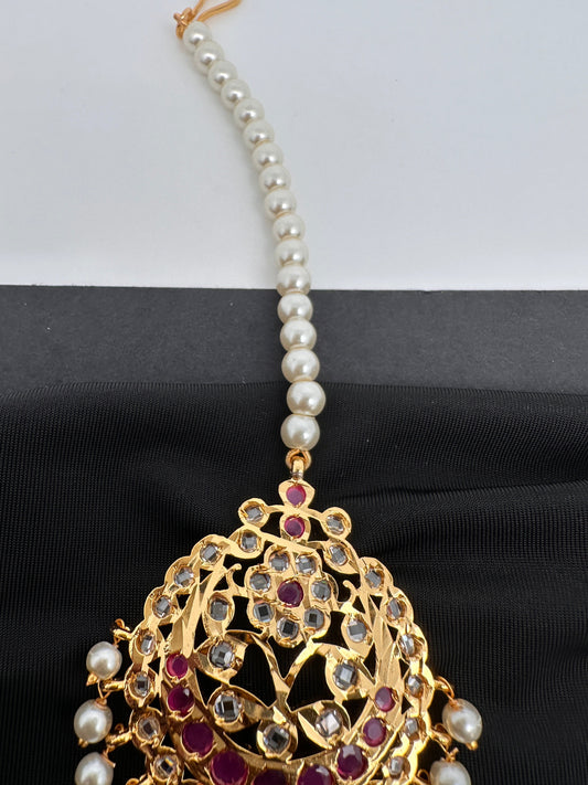 Red Stone Hyderabadi Jadau Pearls Golden Maangteeka