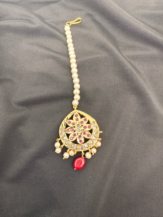 Red Stone Hyderabadi Jadau Pearls Golden Maangteeka