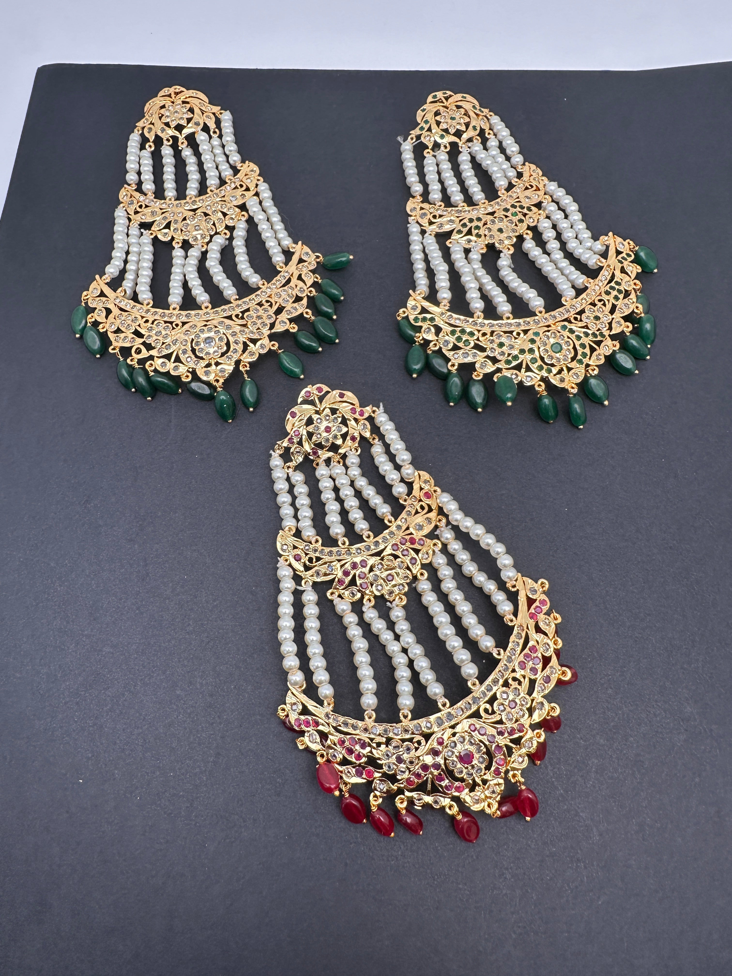 DJHR8 Abira factory hyderabadi jadau jhoomar in green with fresh water pearls , Indian jewellery