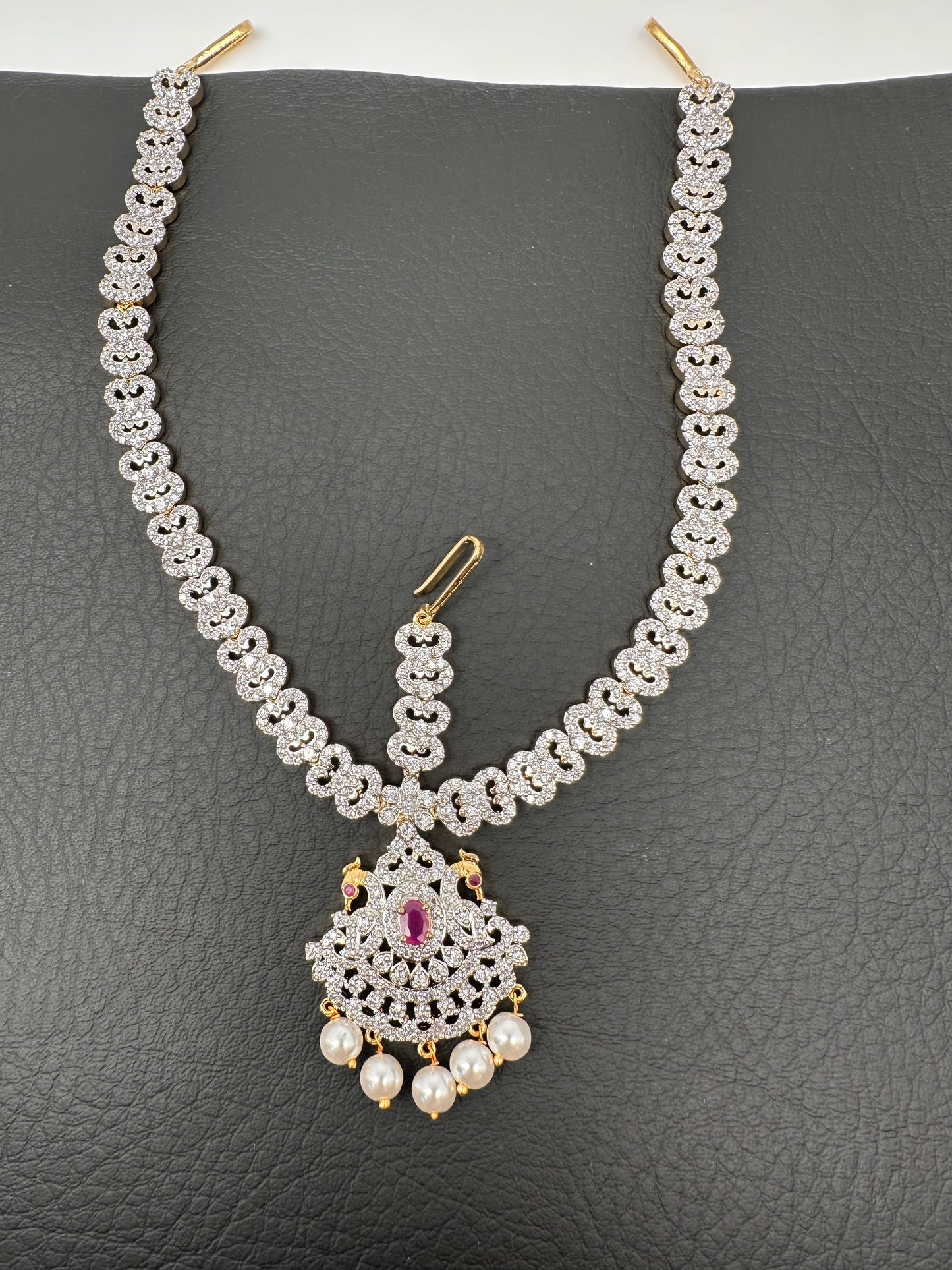 Ruby Diamond Finish Maangteeka Mathapatti with Red Stone