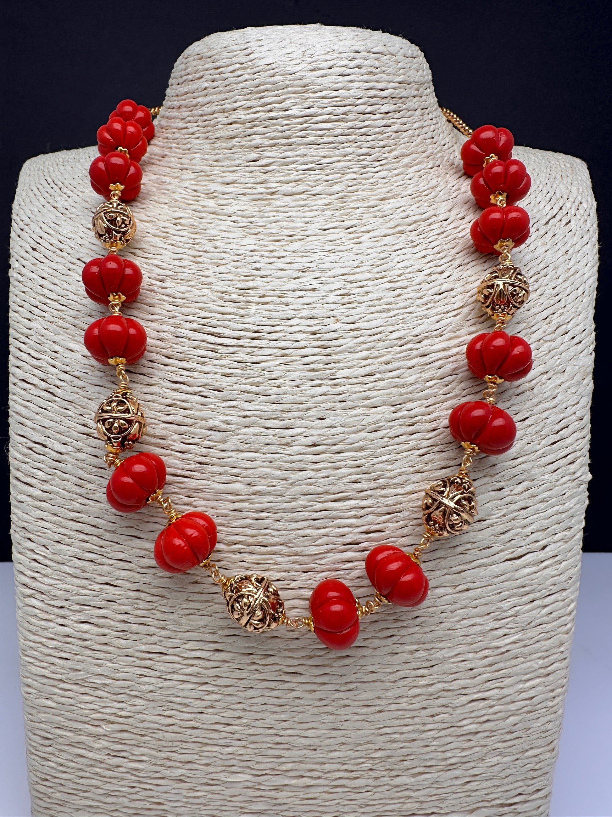 Golden Nakshi Coral Mala Necklace