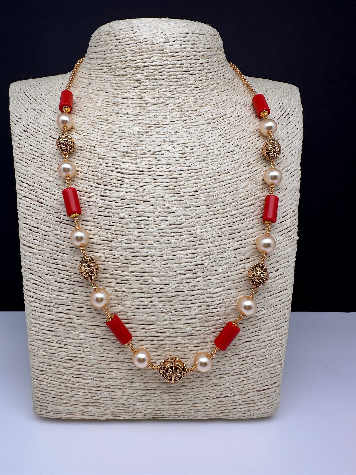 Golden Nakshi Coral Pearl Mala Necklace