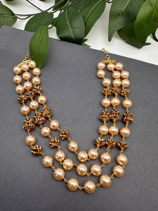 Golden Nakshi Ball Pearls Triple Layer Necklace