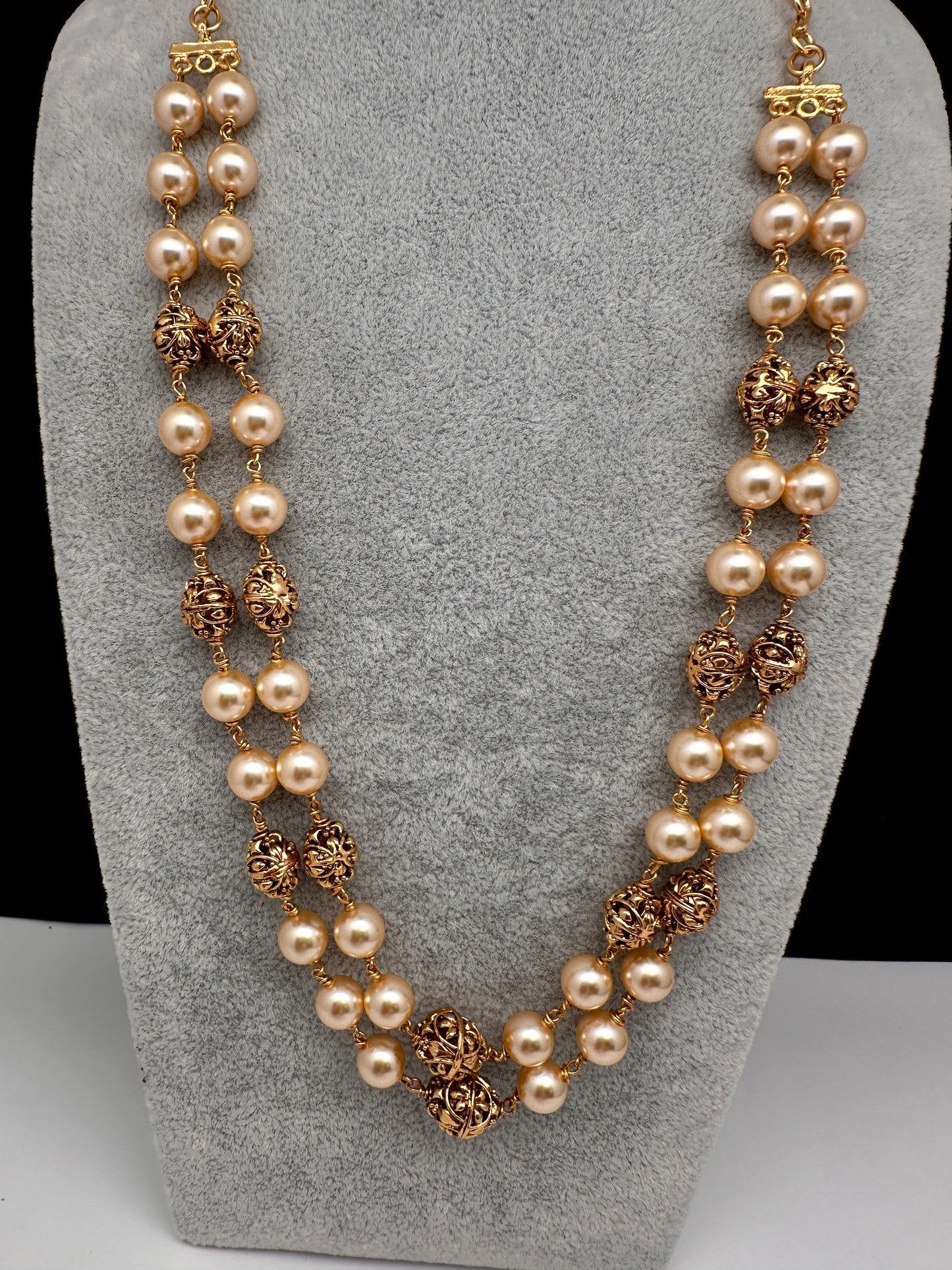 Golden Nakshi Ball Pearls Double Layer Necklace