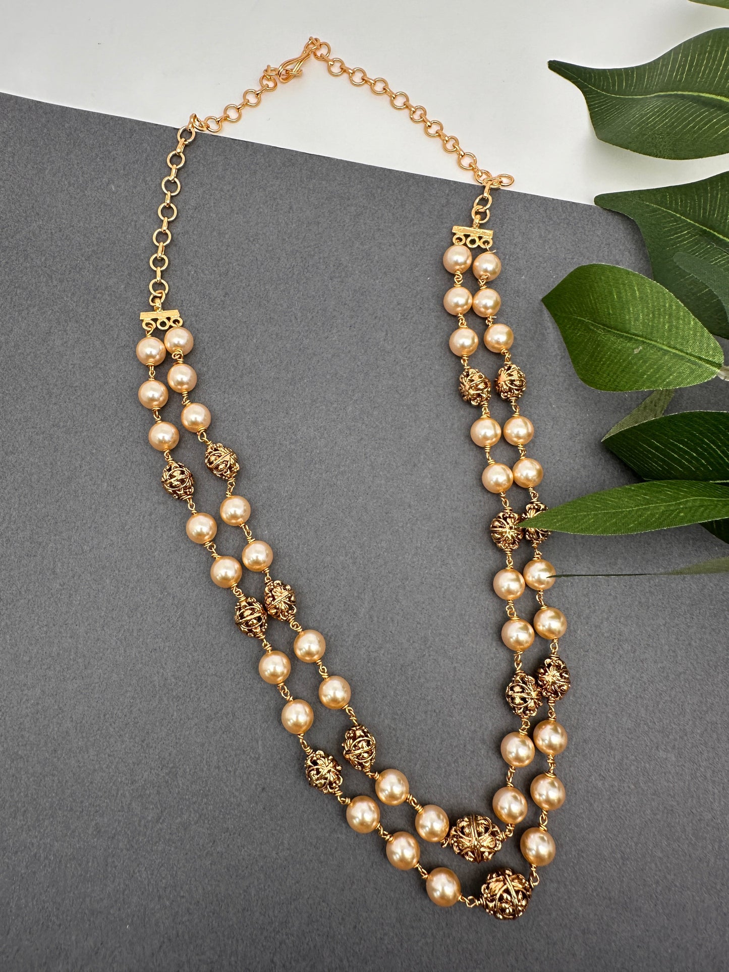 Golden Nakshi Ball Pearls Double Layer Necklace