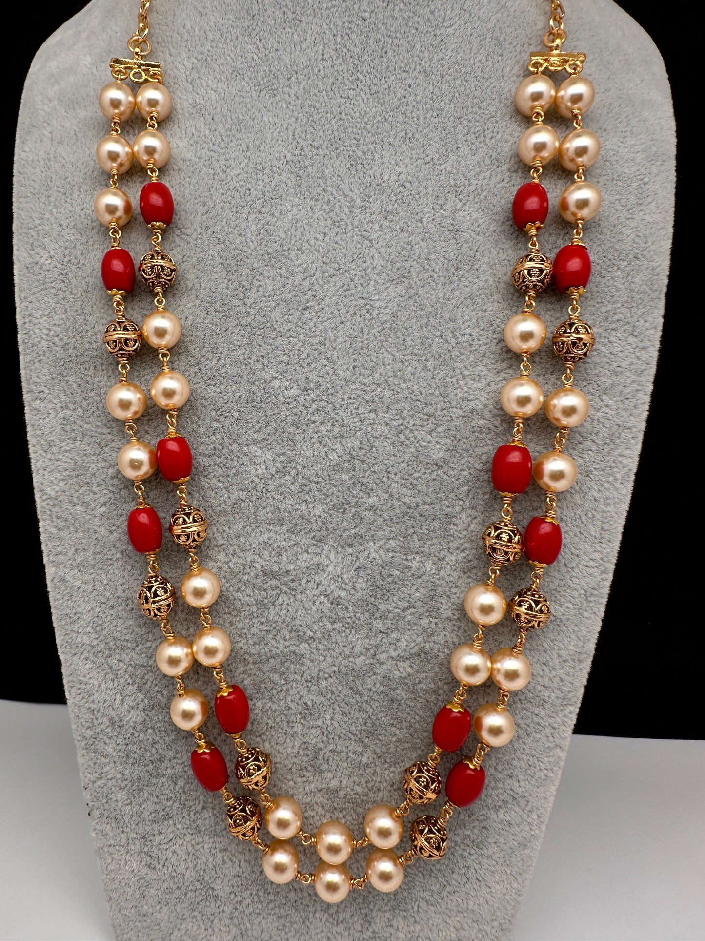 Golden Nakshi Ball Coral Pearls Double Layer Necklace