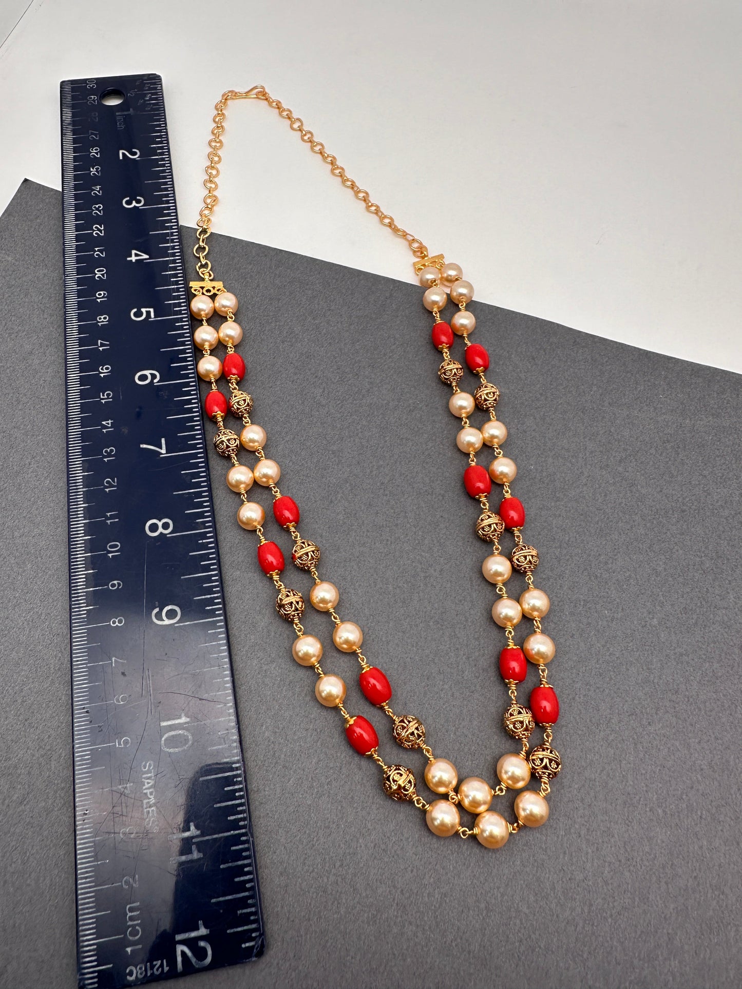 Golden Nakshi Ball Coral Pearls Double Layer Necklace