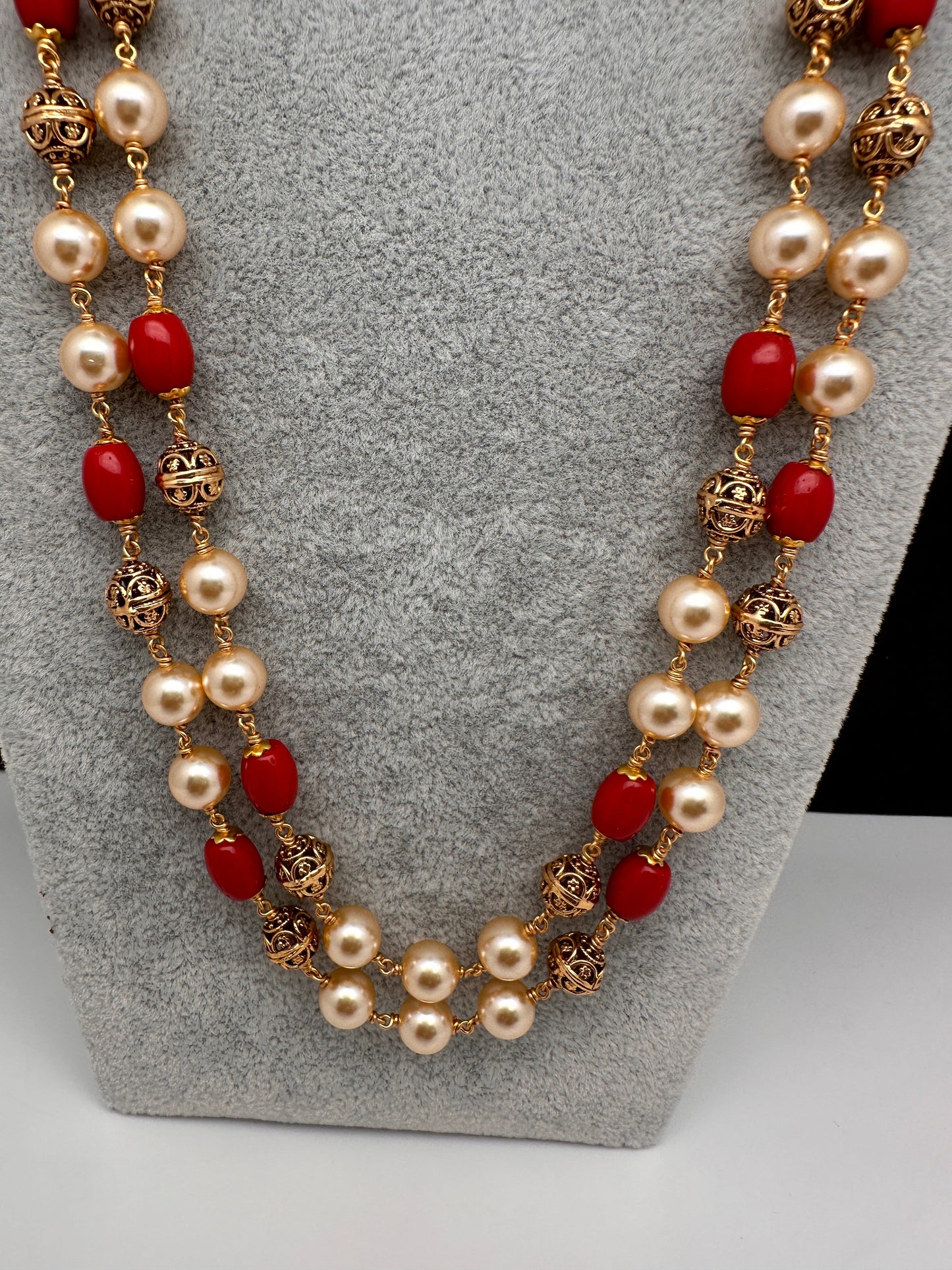 Golden Nakshi Ball Coral Pearls Double Layer Necklace