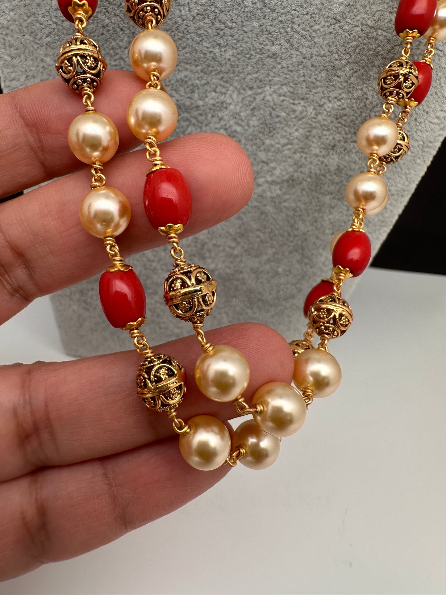 Golden Nakshi Ball Coral Pearls Double Layer Necklace