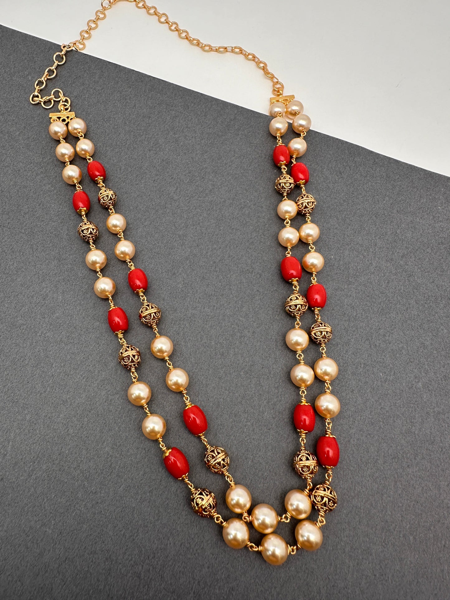 Golden Nakshi Ball Coral Pearls Double Layer Necklace