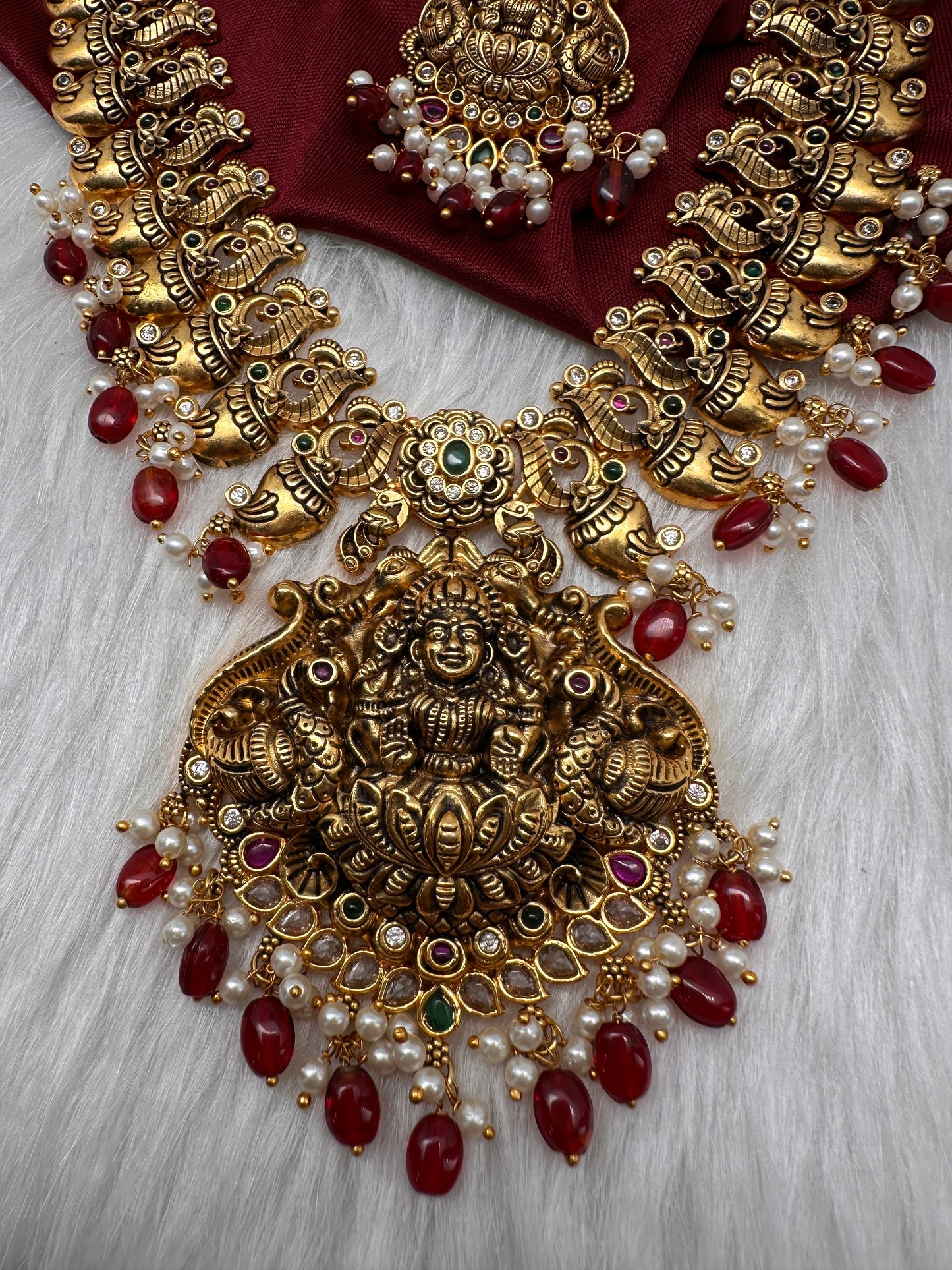 Goddess Lakshmi Nakshi Matte Long Haar with Red Beads