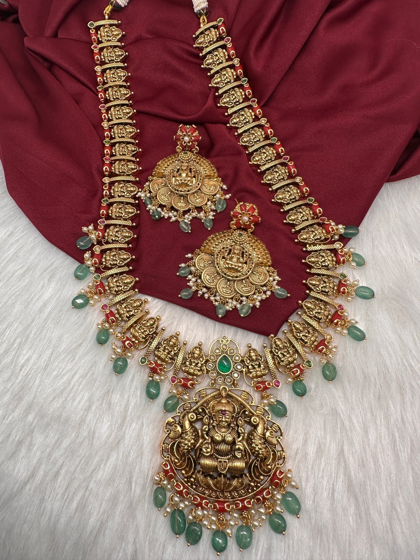 Goddess Lakshmi Nakshi Matte Coral Long Haar with Emerald Beads