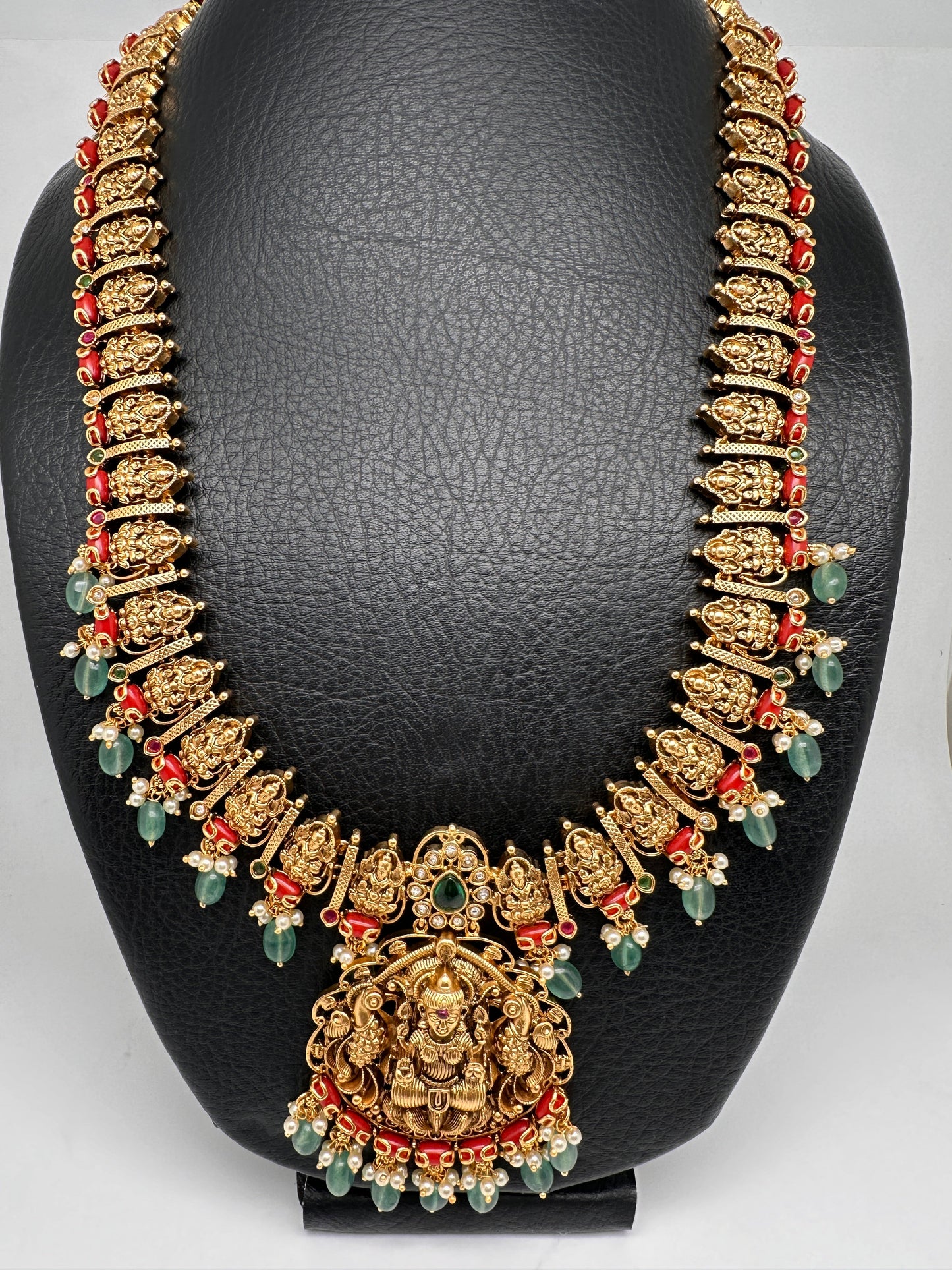 Goddess Lakshmi Nakshi Matte Coral Long Haar with Emerald Beads