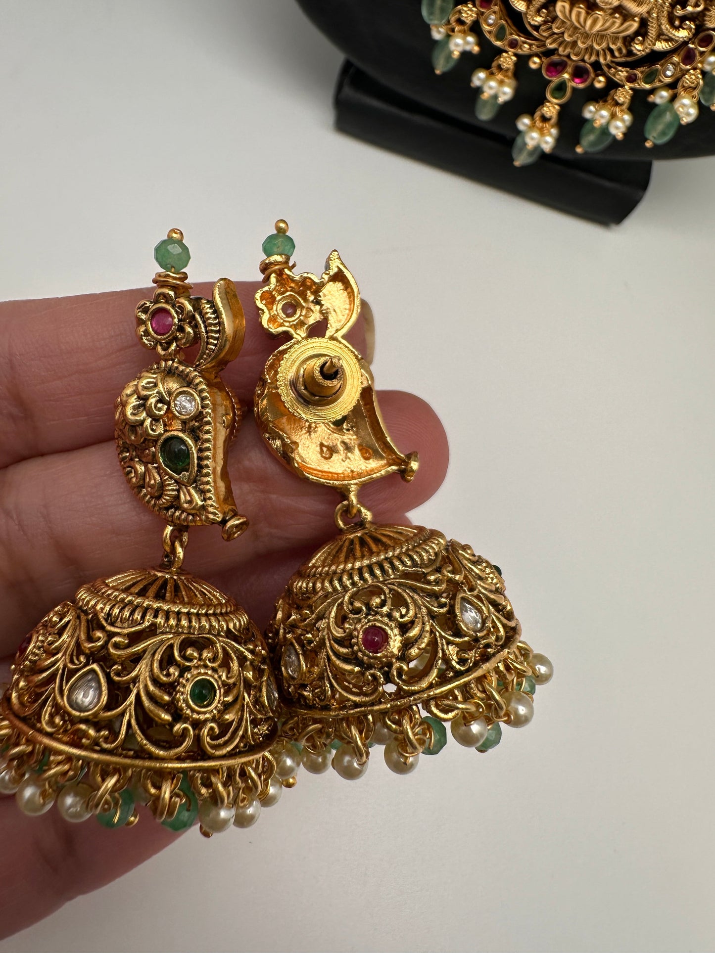 Goddess Lakshmi Ganesha Nakshi Matte Haar with Pearls and Emerald Beads