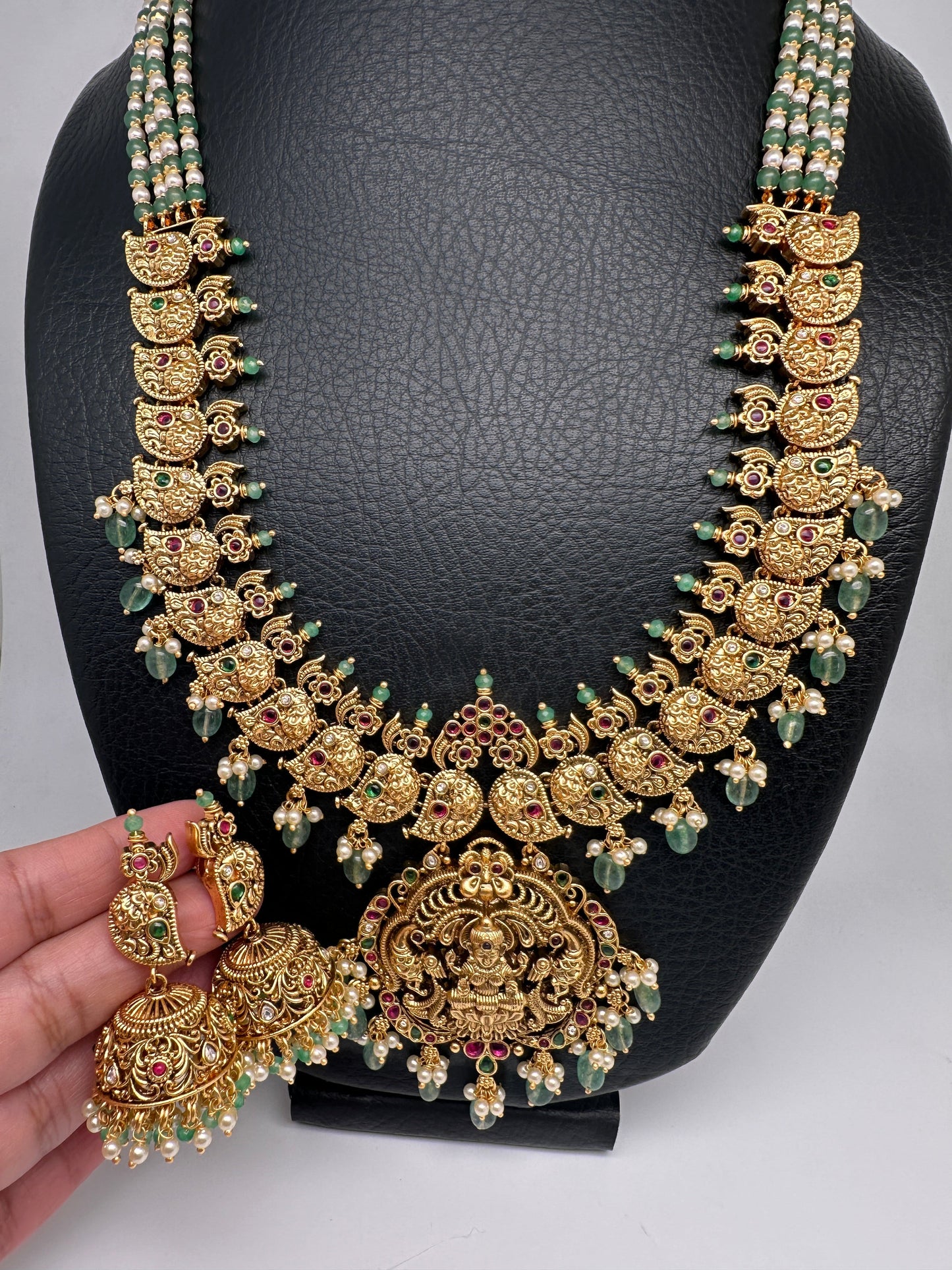 Goddess Lakshmi Ganesha Nakshi Matte Haar with Pearls and Emerald Beads