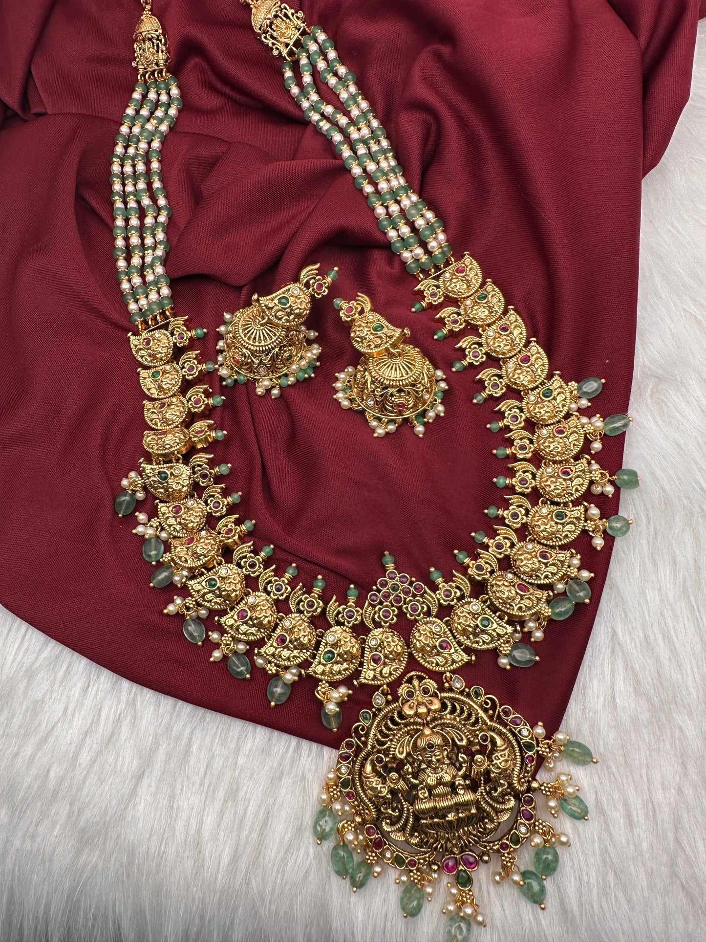 Goddess Lakshmi Ganesha Nakshi Matte Haar with Pearls and Emerald Beads