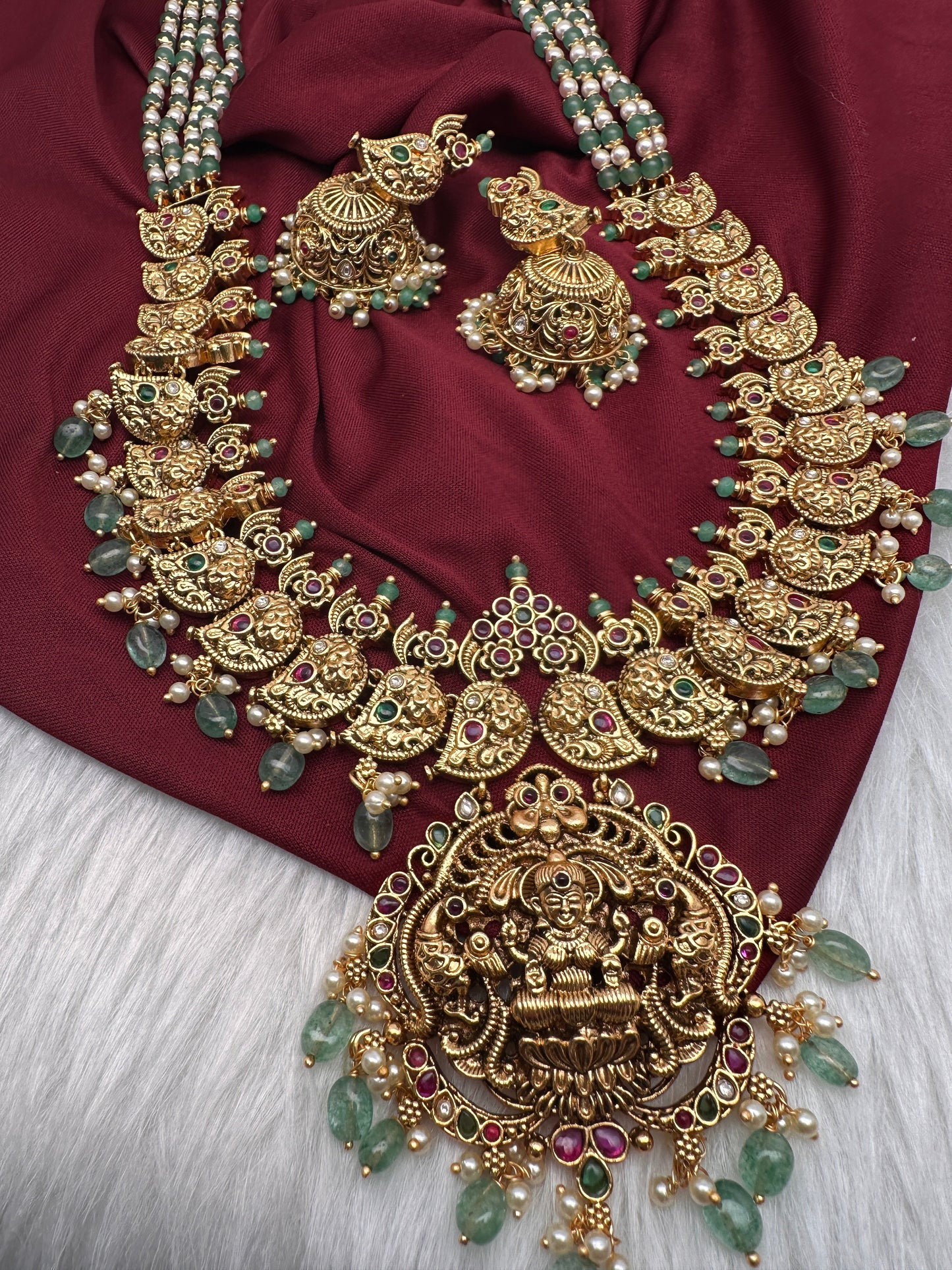 Goddess Lakshmi Ganesha Nakshi Matte Haar with Pearls and Emerald Beads