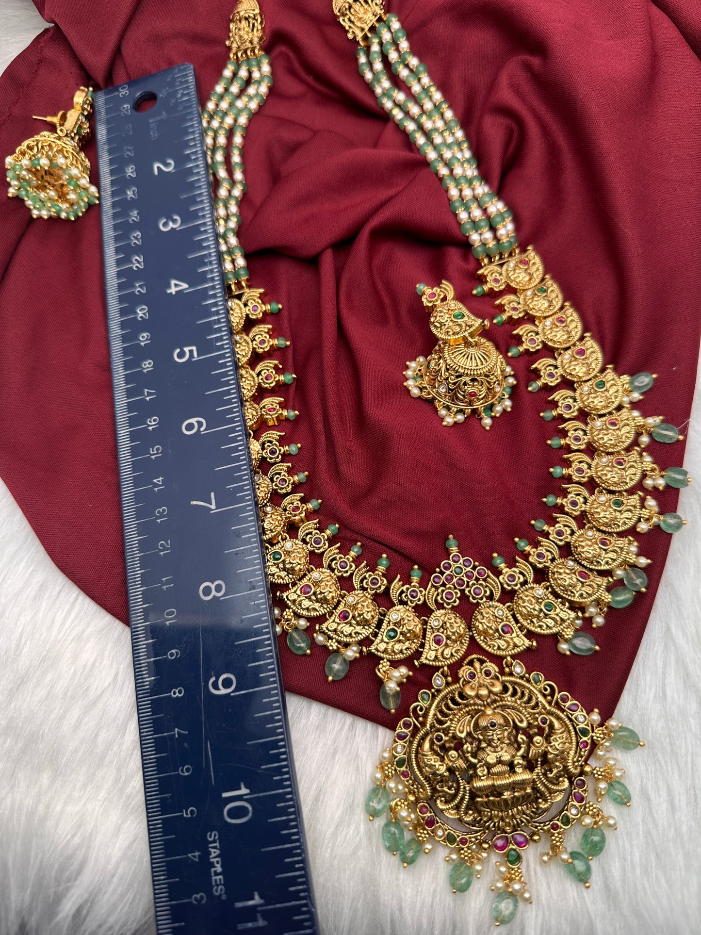 Goddess Lakshmi Ganesha Nakshi Matte Haar with Pearls and Emerald Beads